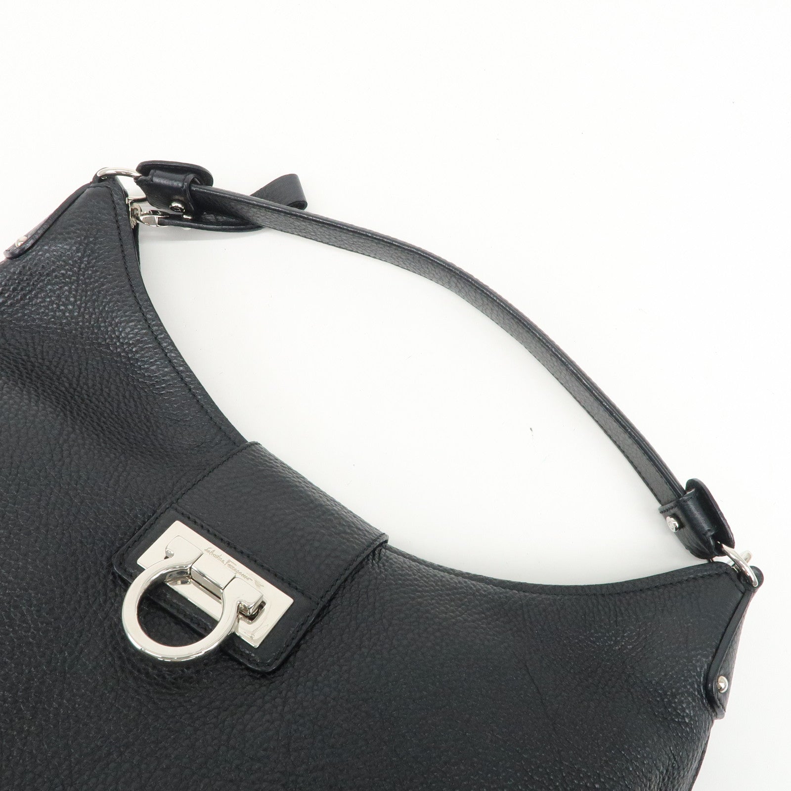 Ferragamo Gancini Leather Shoulder Bag Hand Bag Black Silver HDW