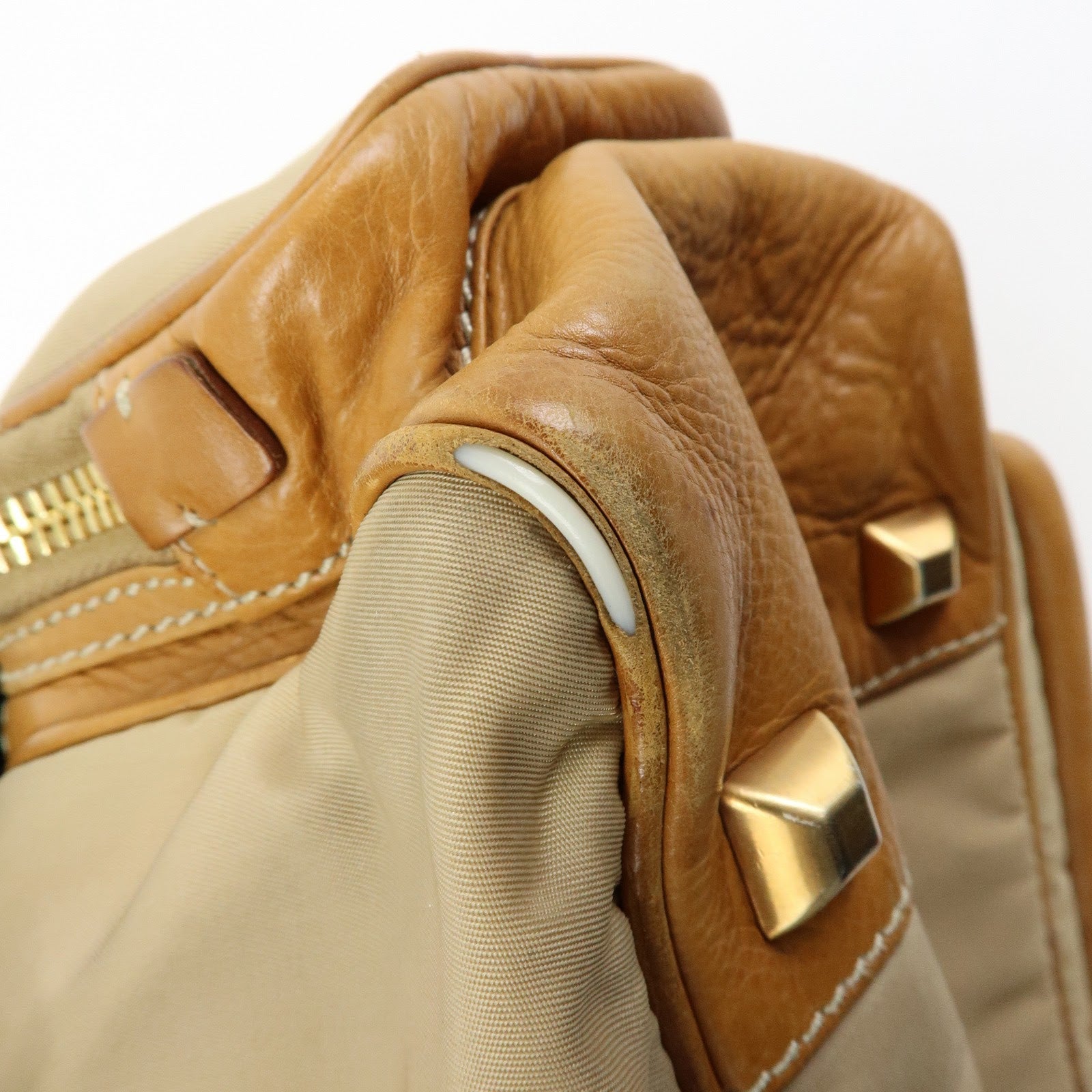 PRADA Triangle Logo Nylon Leather Shoulder Hand Bag Beige Brown