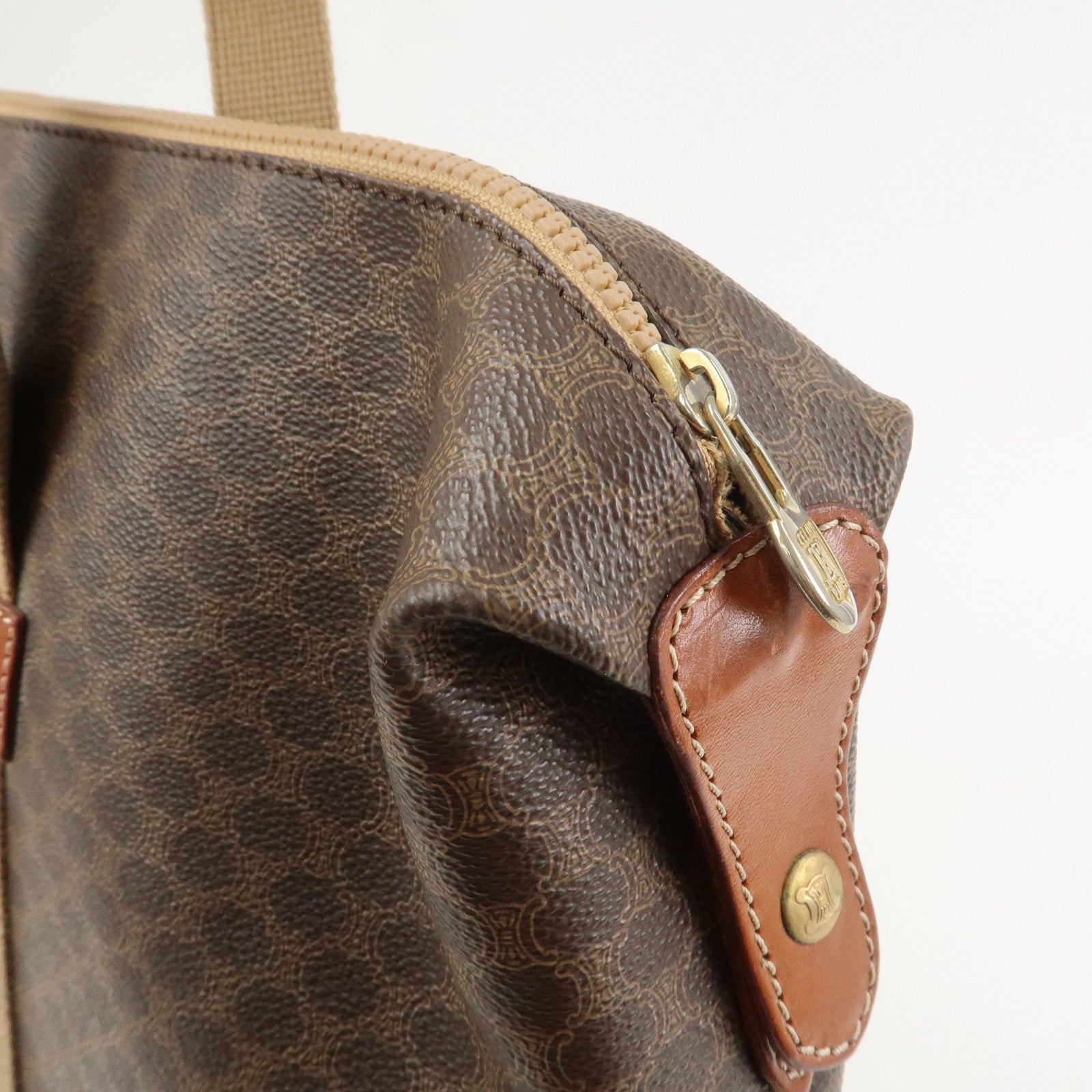 CELINE Macadam PVC Canvas Leather Boston Bag Hand Bag Brown