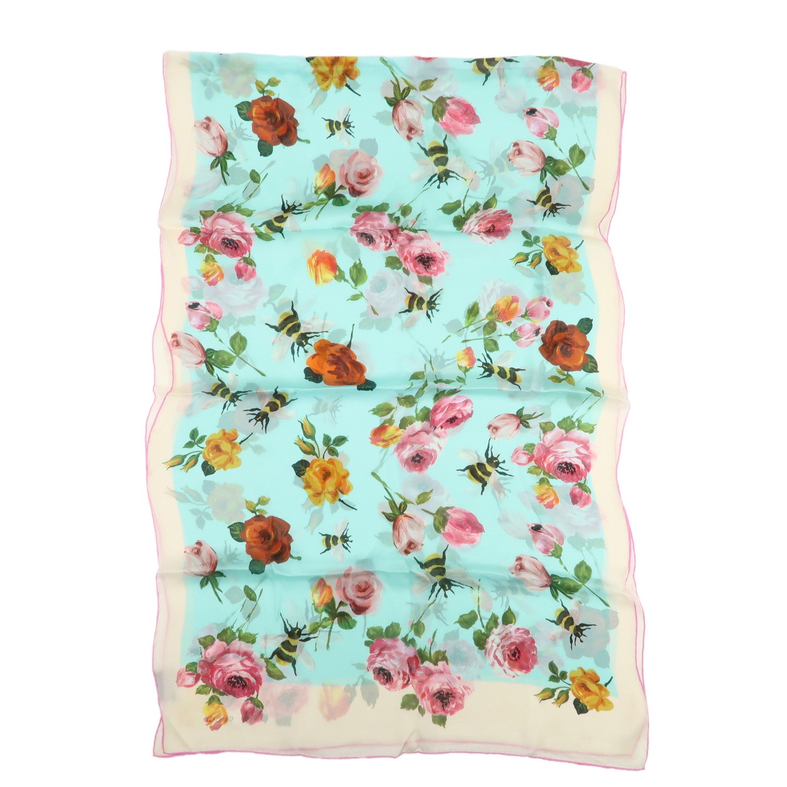 GUCCI Silk 100% 64 ×192 Floral Honey Bee Print Scarf Blue