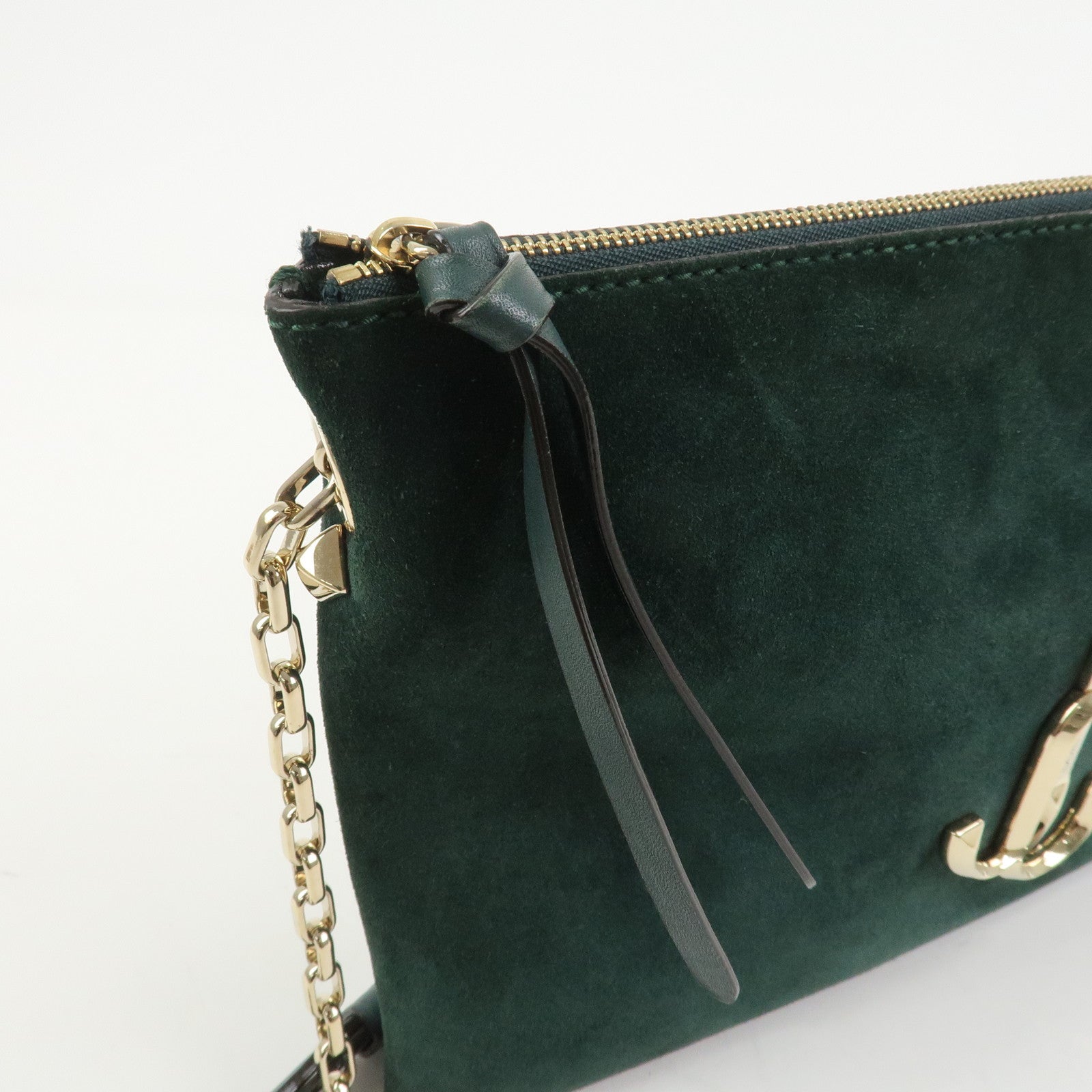 JIMMY CHOO VARENNE Suede Leather Chain Shoulder Bag Dark Green