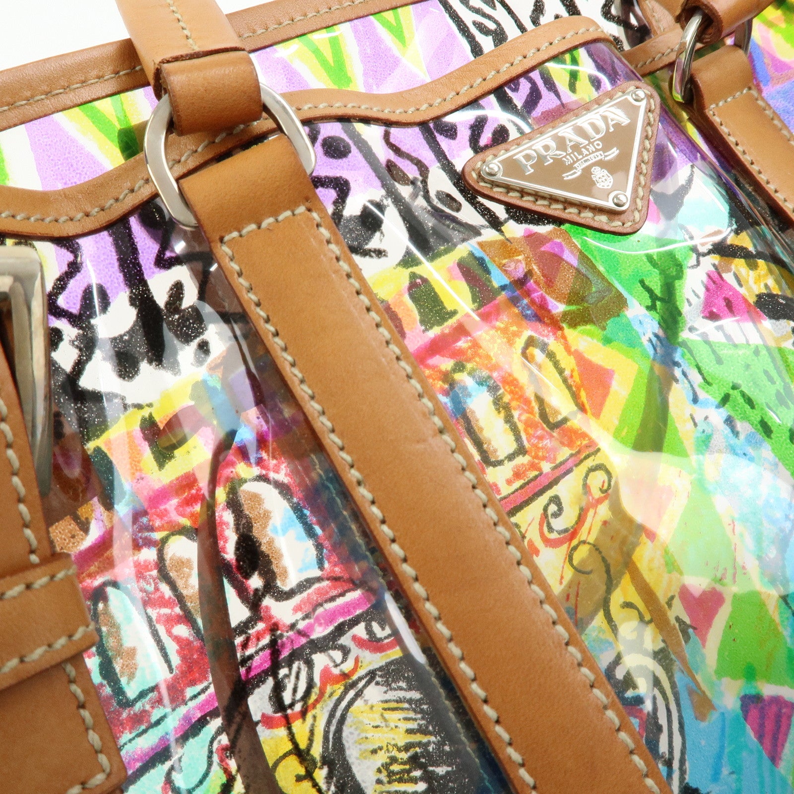 PRADA Venetian Print PVC Leather Tote Bag Clear Multicolor BR2515