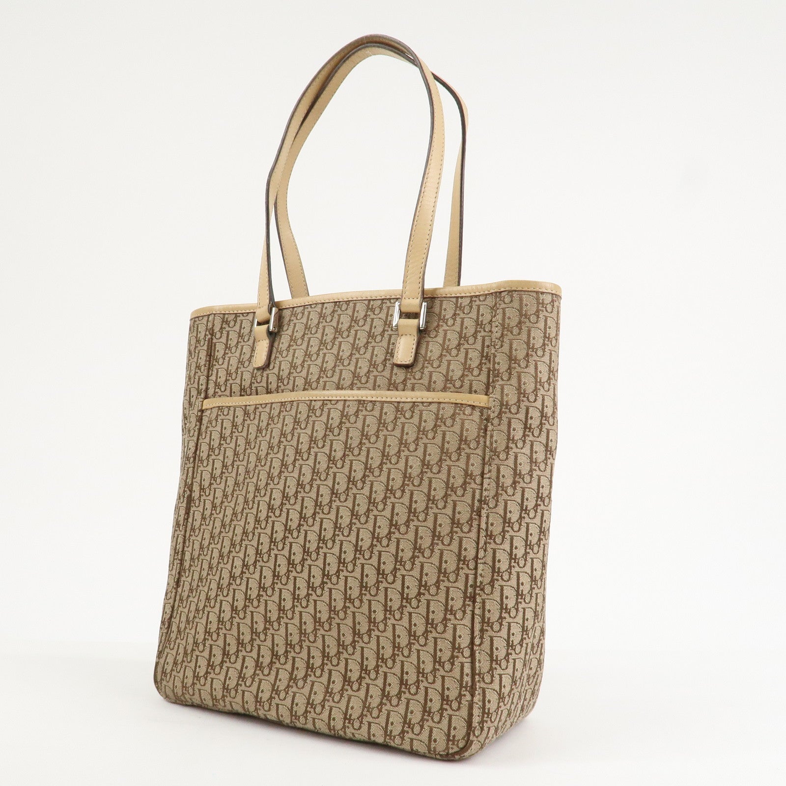 Christian Dior Trotter Leather Canvas Tote Bag Shoulder Bag Beige
