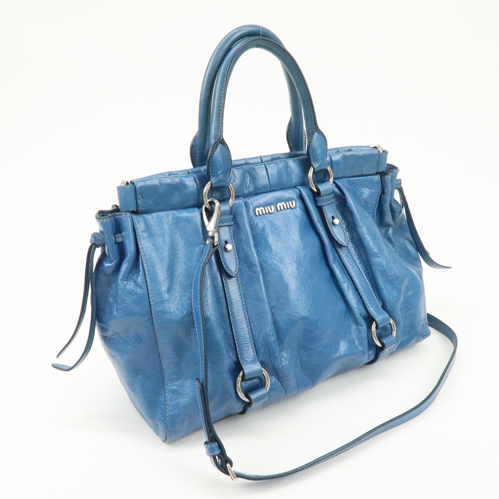 MIU MIU Leather 2Way Bag Shoulder Bag Hand Bag Blue RT0383