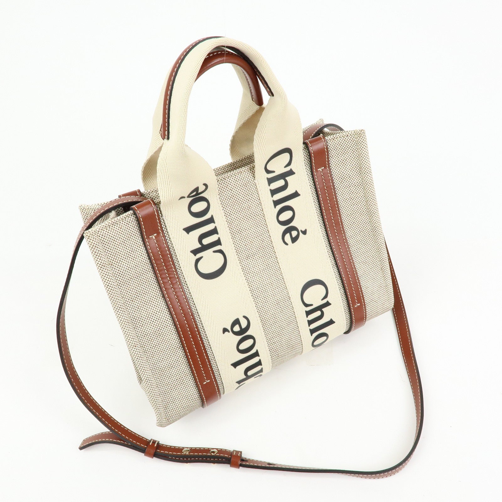 Chloe Woody Canvas Leather 2Way Bag Shoulder Bag Natural Brown