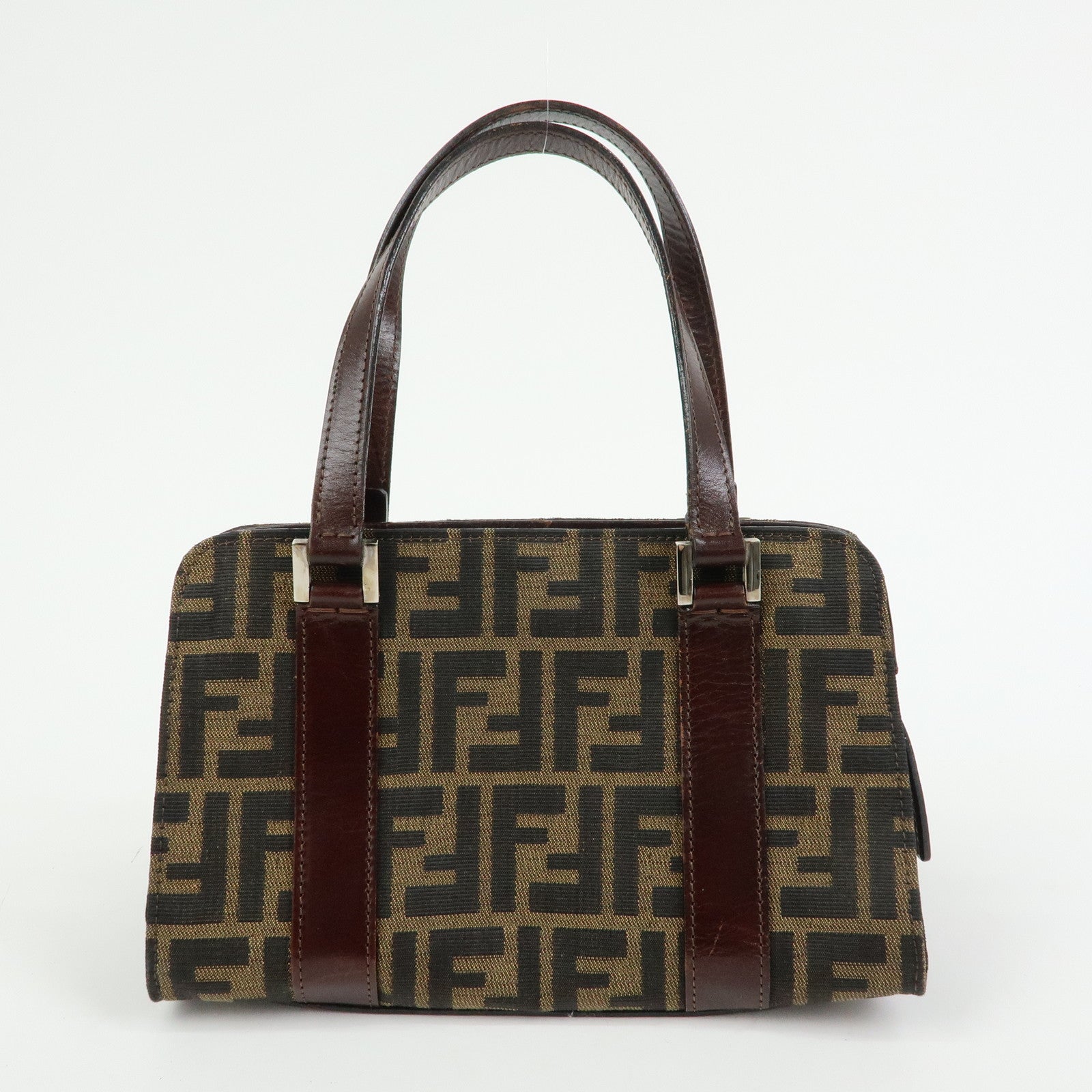 FENDI Zucca Jacquard Canvas Leather Top Handle Hand Bag Brown