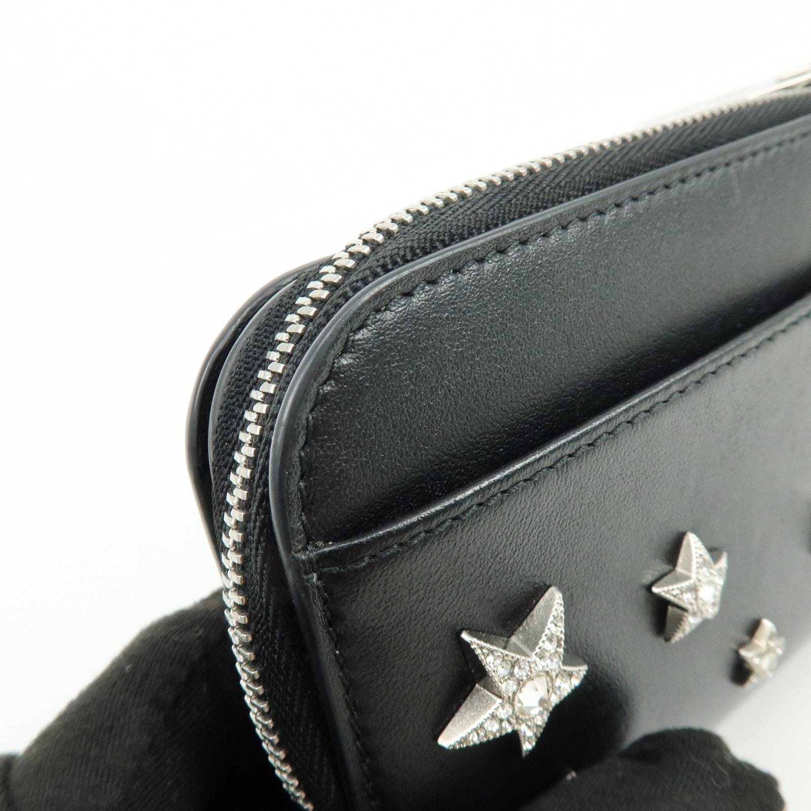 JIMMY CHOO Leather Compact Zippy Wallet Star Studs Black