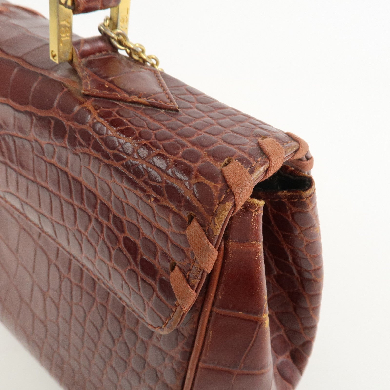 SAINT LAURENT PARIS Embossed Leather Hand Bag Red Brown