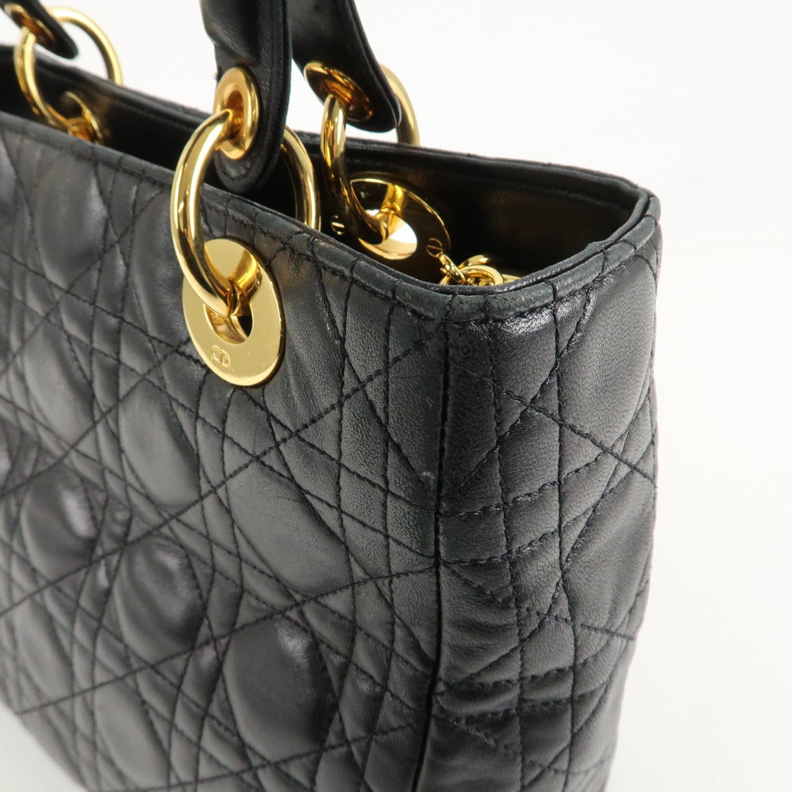 Christian Dior Lady Dior Canage Leather Hand Bag Black Used