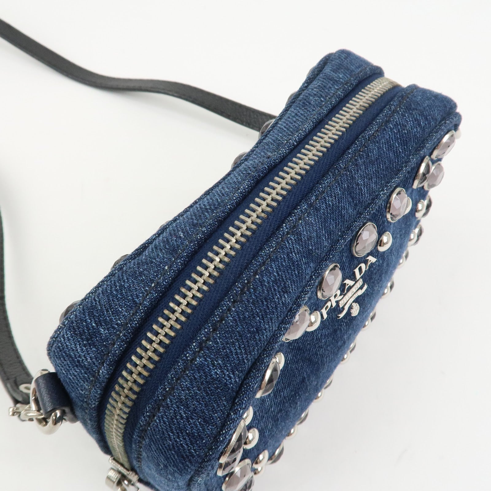 PRADA Logo Denim Leather Mini Shoulder Bag Camera Bag 1N1674