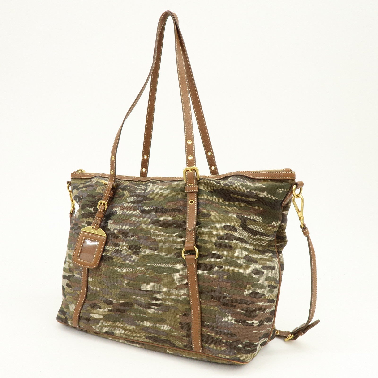 PRADA Canvas Leather Tote Bag Shoulder Bag Camouflage Brown Khaki