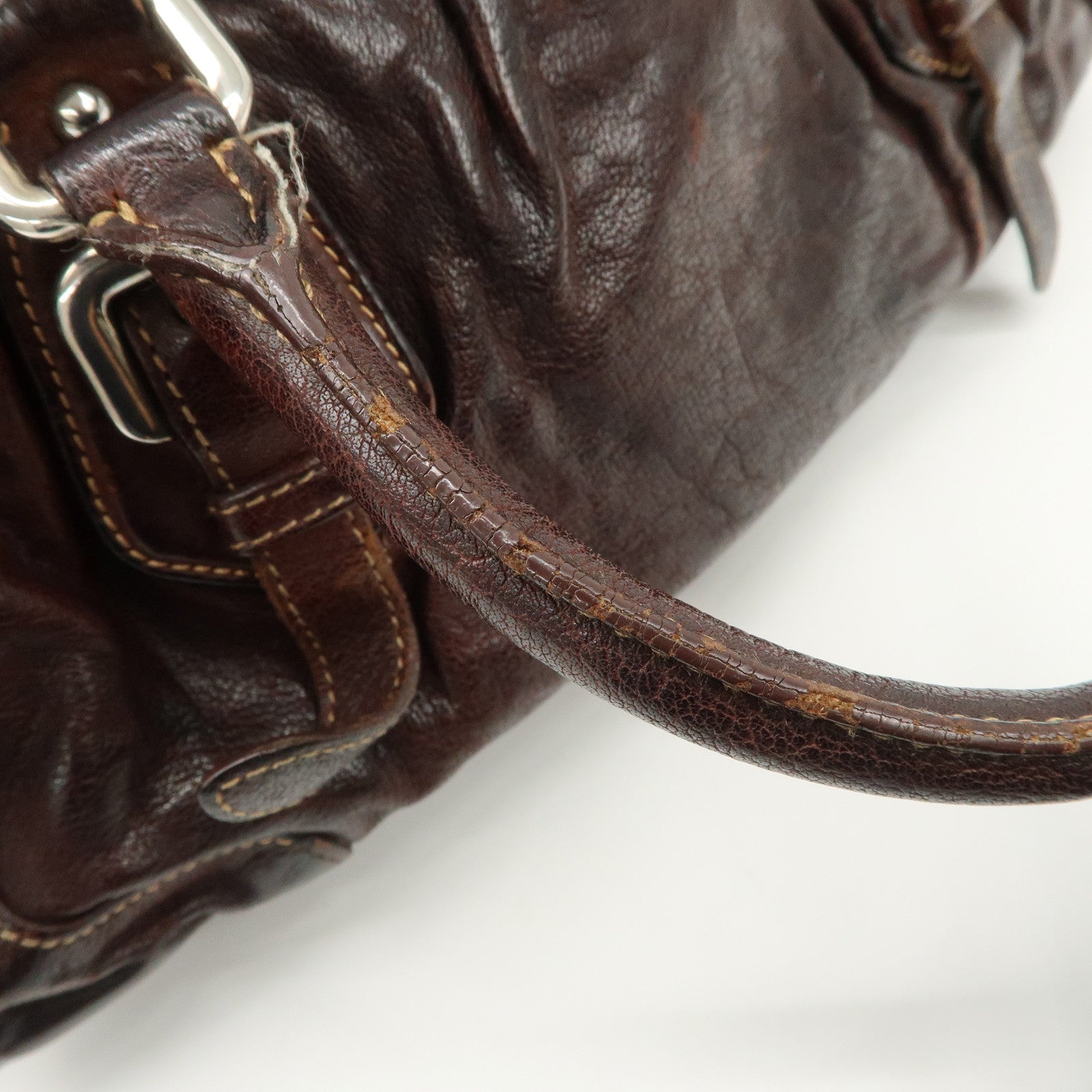 PRADA Triangle Logo Leather 2Way Bag Hand Bag Dark Brown BN1279 Used