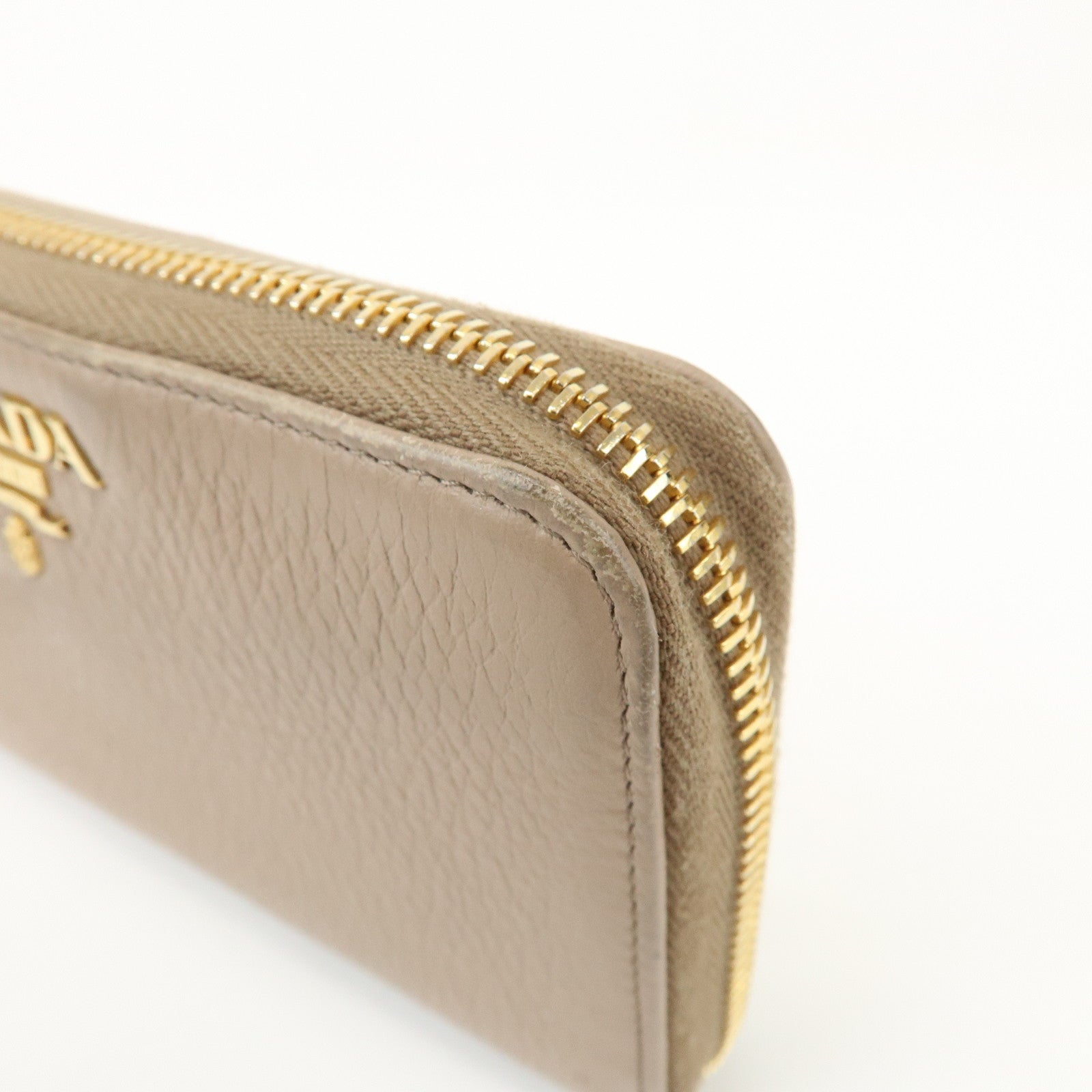 PRADA Calf Leather Compact Round Zippy Wallet Beige Gold