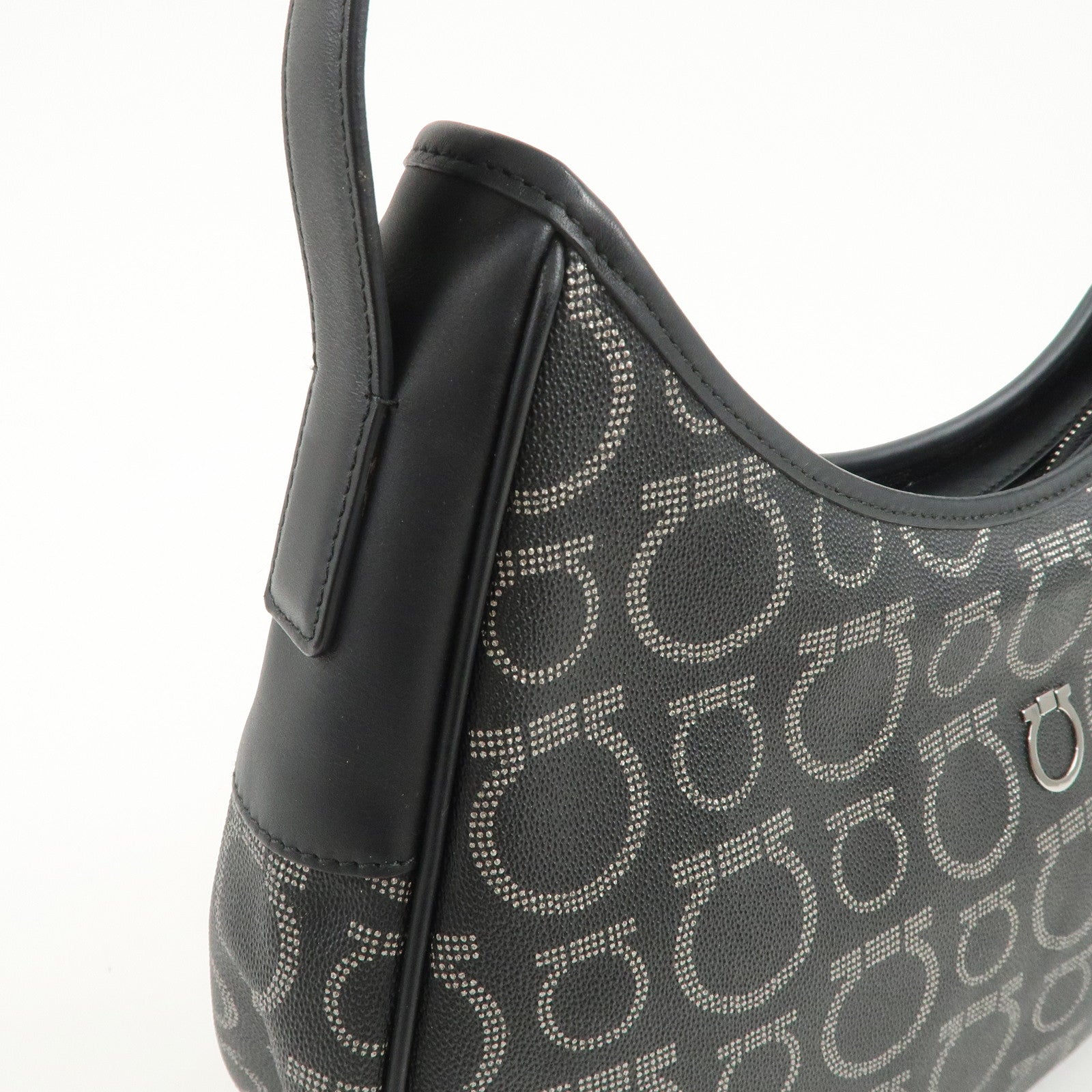 Ferragamo Gancini Logo PVC Leather Shoulder Bag Hand Bag Black