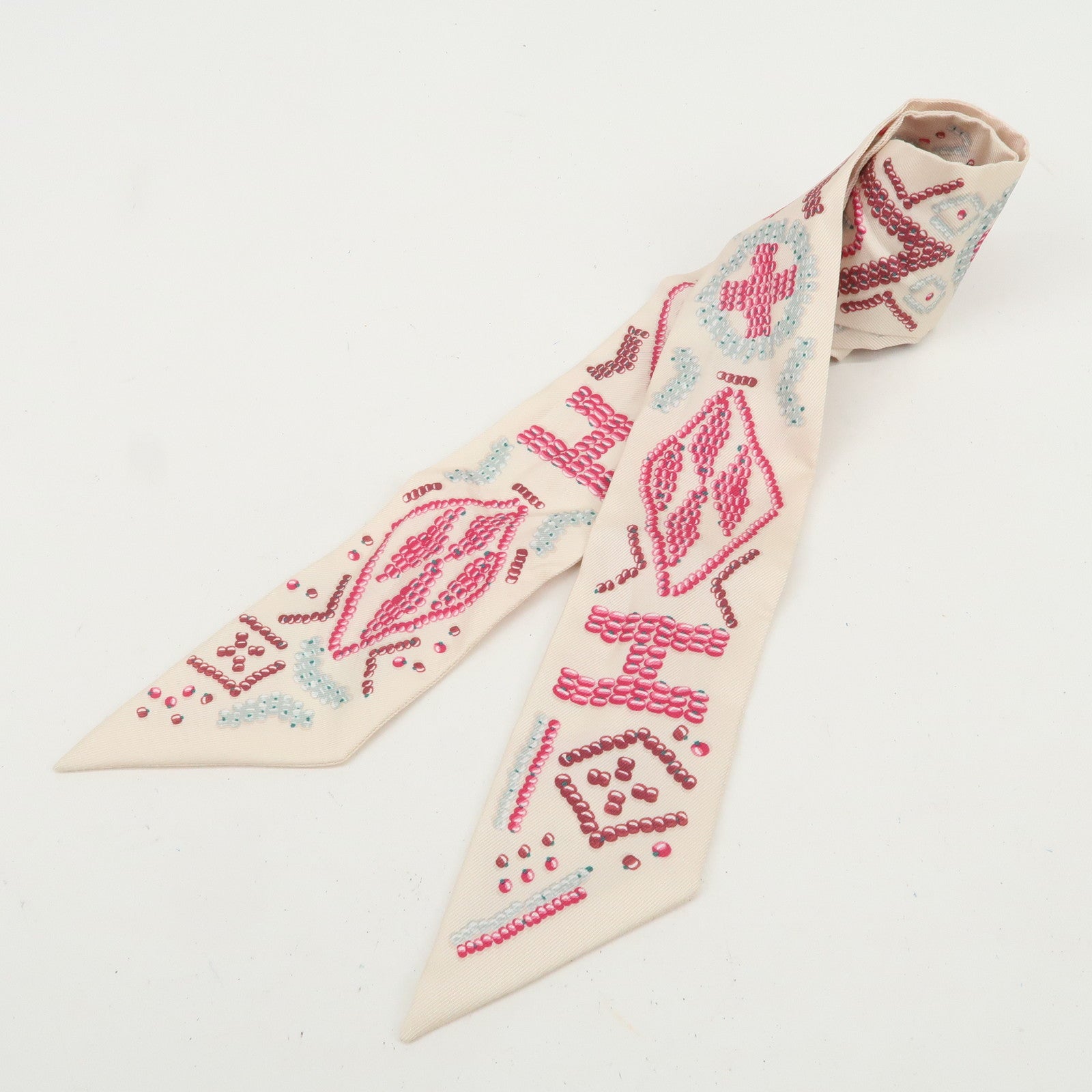 HERMES Twilly Silk 100% KELLY EN PERLES Scarf Ivory Pink