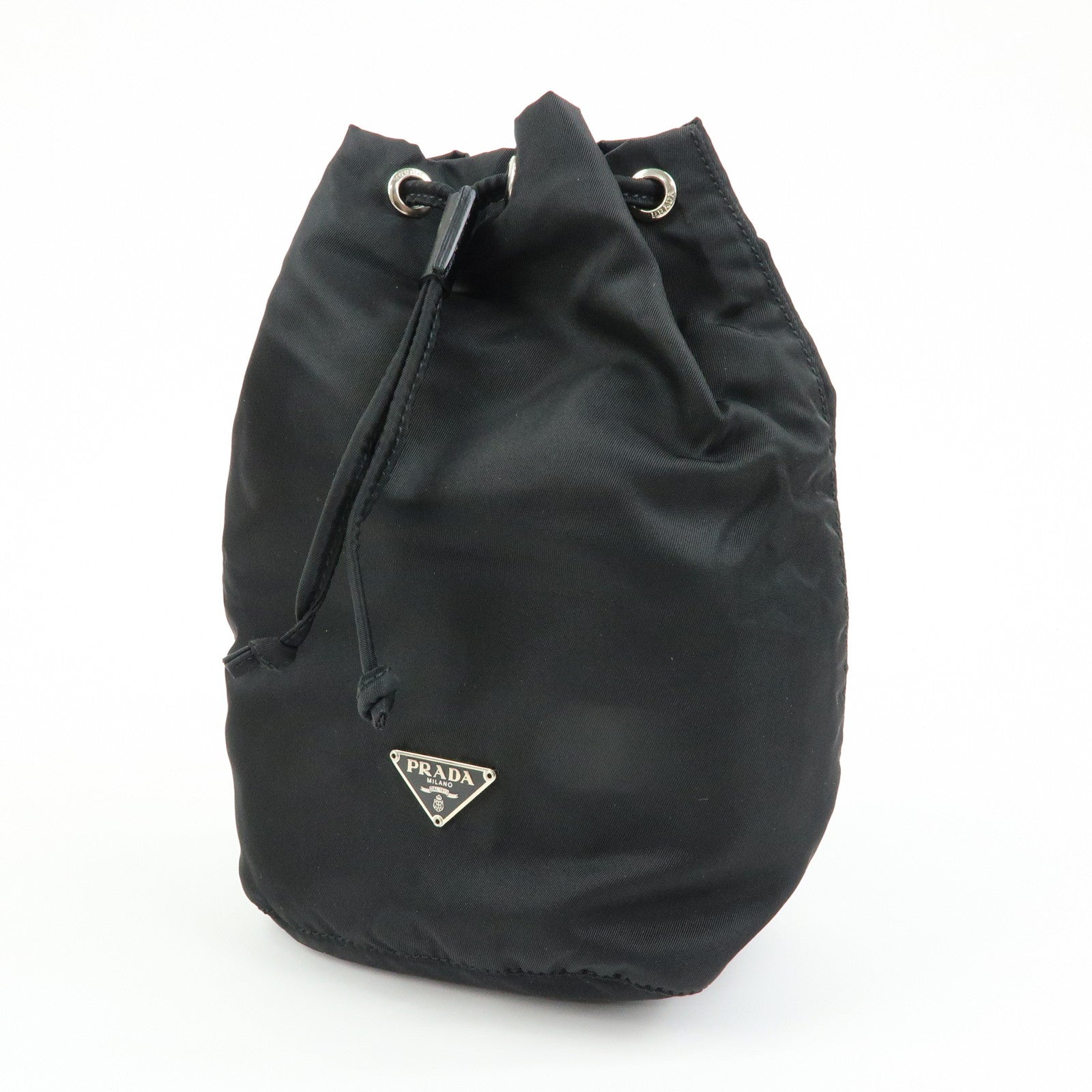 PRADA Triangle Logo Nylon Leather Drawstring Pouch Black MV369
