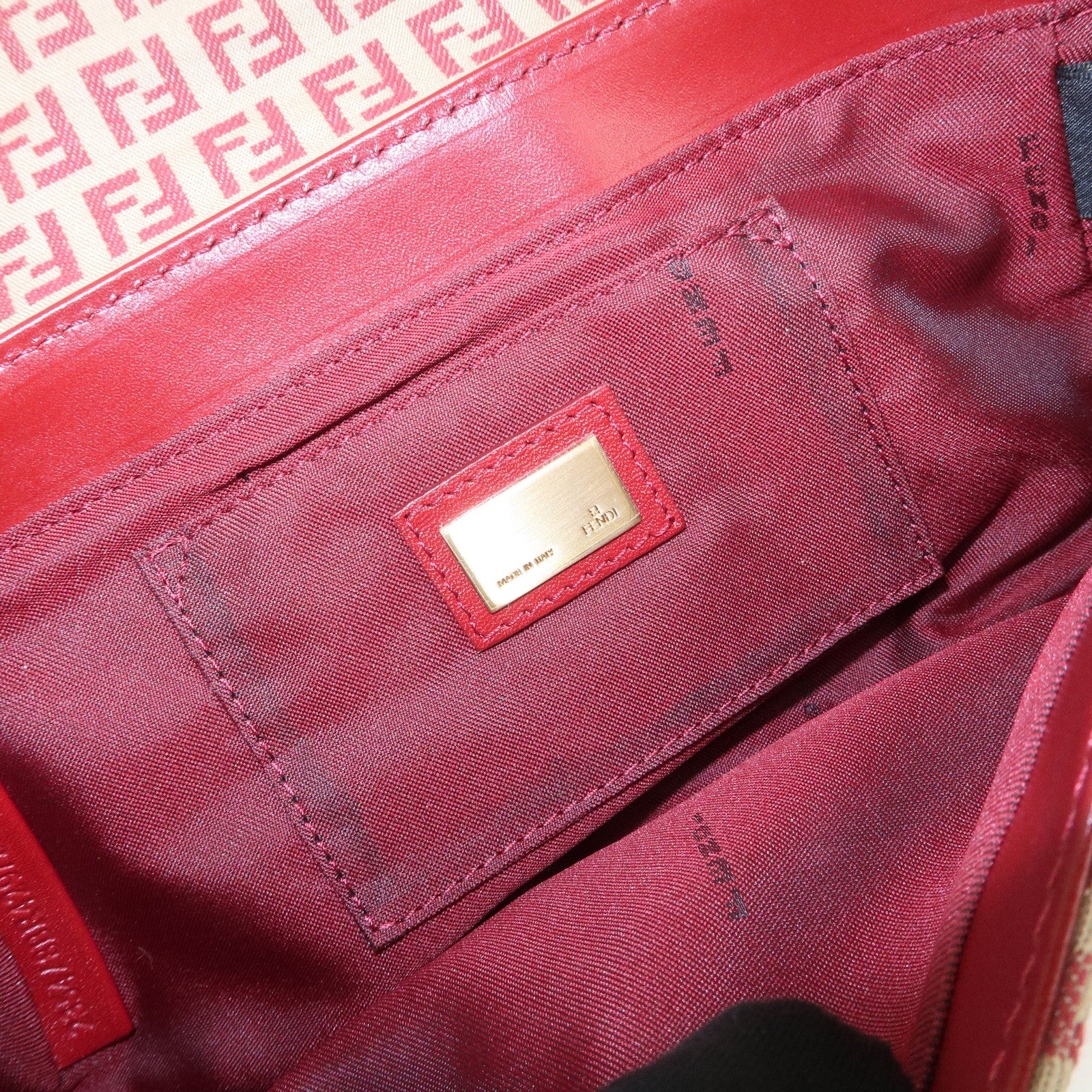 FENDI Zucchino Canvas Leather Turn Lock Shoulder Bag Red 8BR429