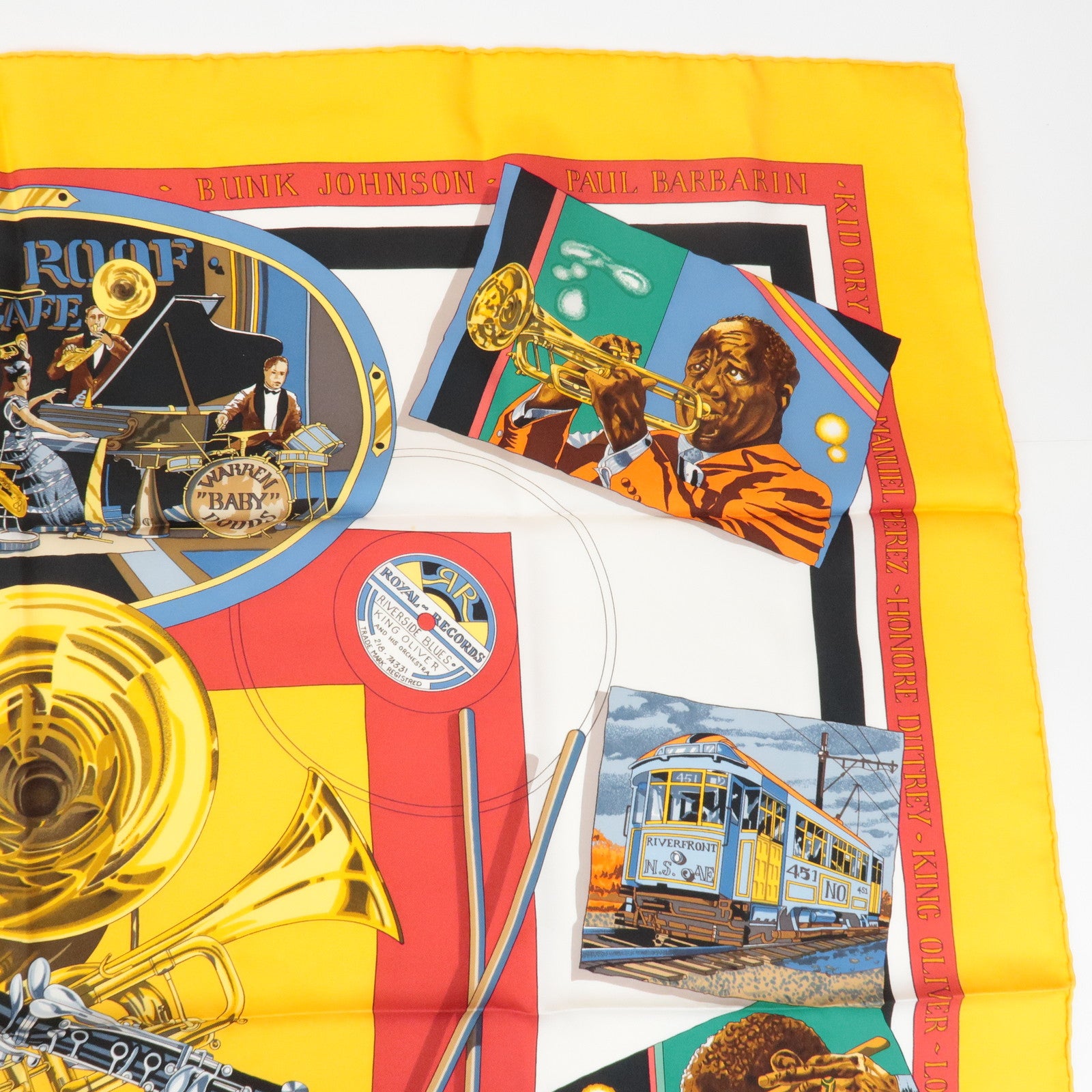 HERMES Carre90 Silk100% Scarf THE ORIGINAL NEW ORLEANS CREOLE JAZZ Used