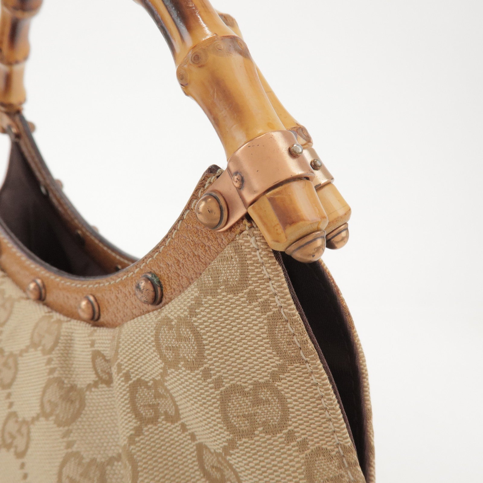 GUCCI Bamboo GG Canvas Leather Hand Bag Beige 124297
