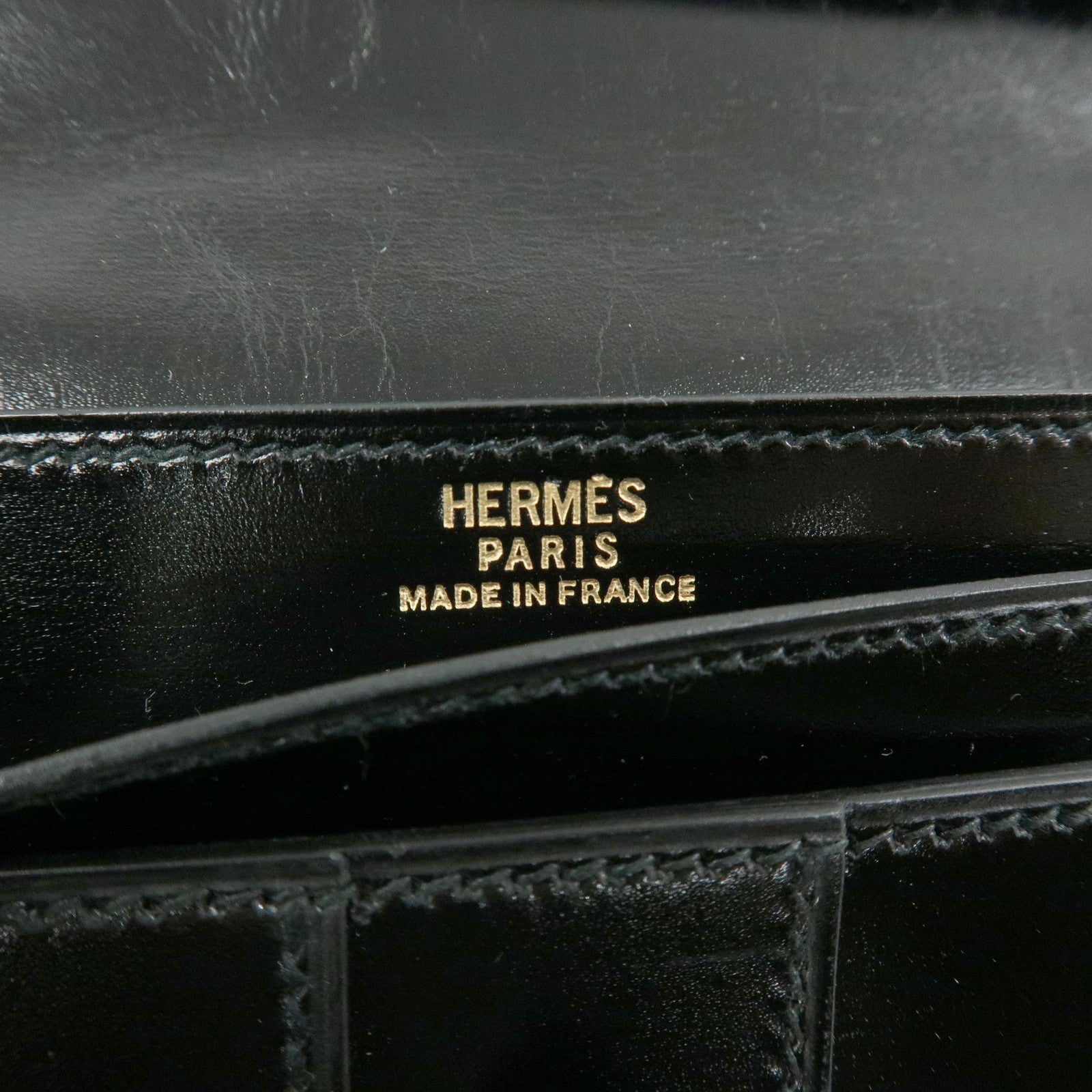HERMES Bearn Box Calf Bi-fold Long Wallet 〇QStamped Black Gold