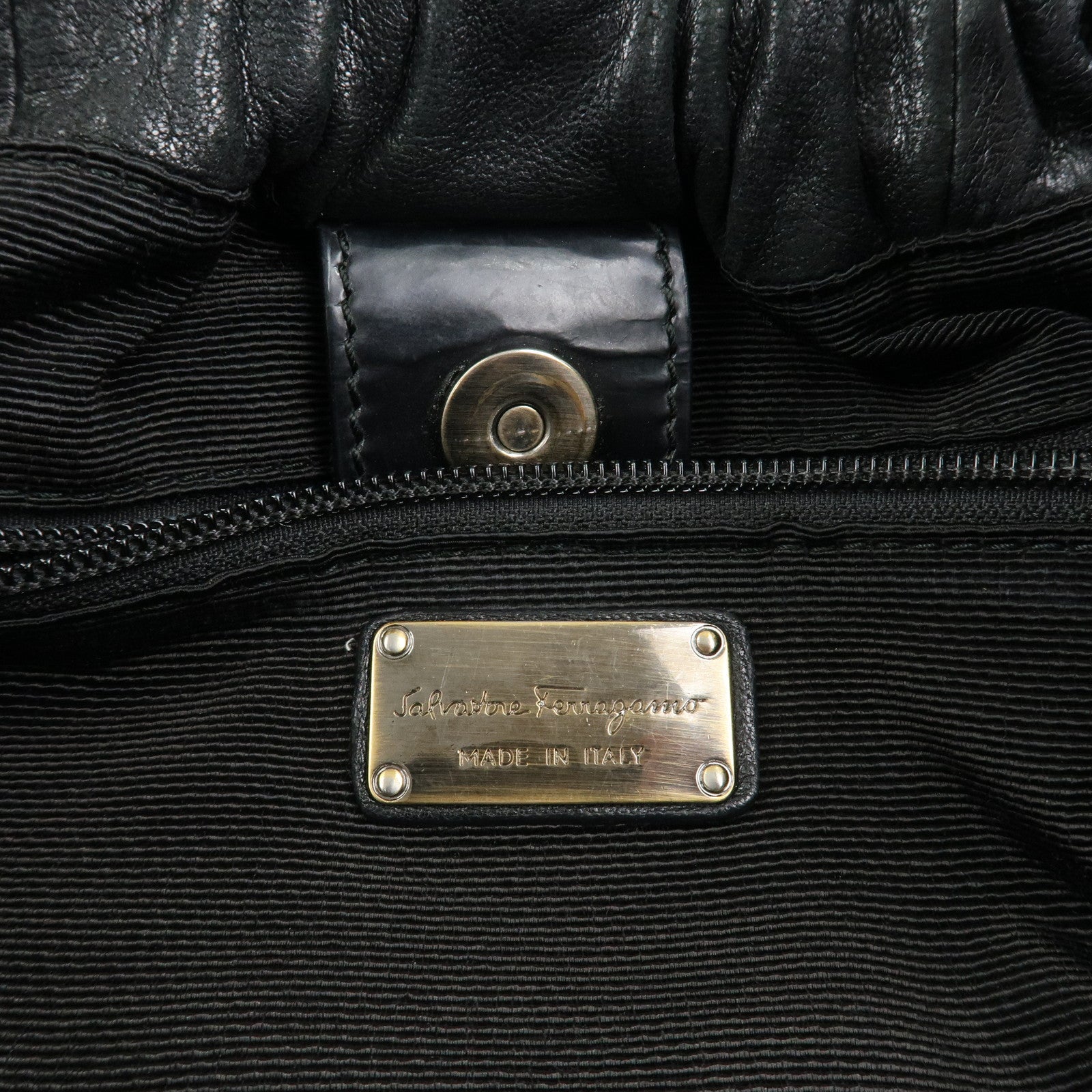 Ferragamo Leather Patent Leather Shoulder Bag Hand Bag Black
