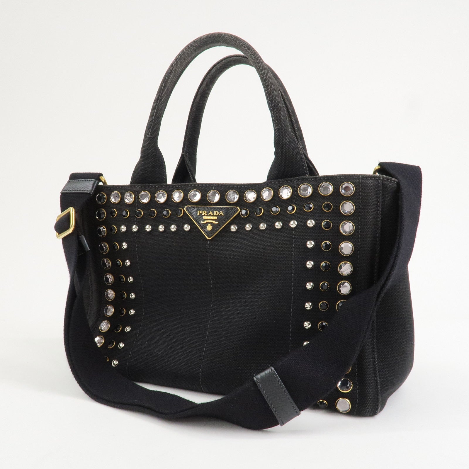 PRADA Triangle Logo Denim Canapa Bijoux 2Way Hand Bag Black B2642B