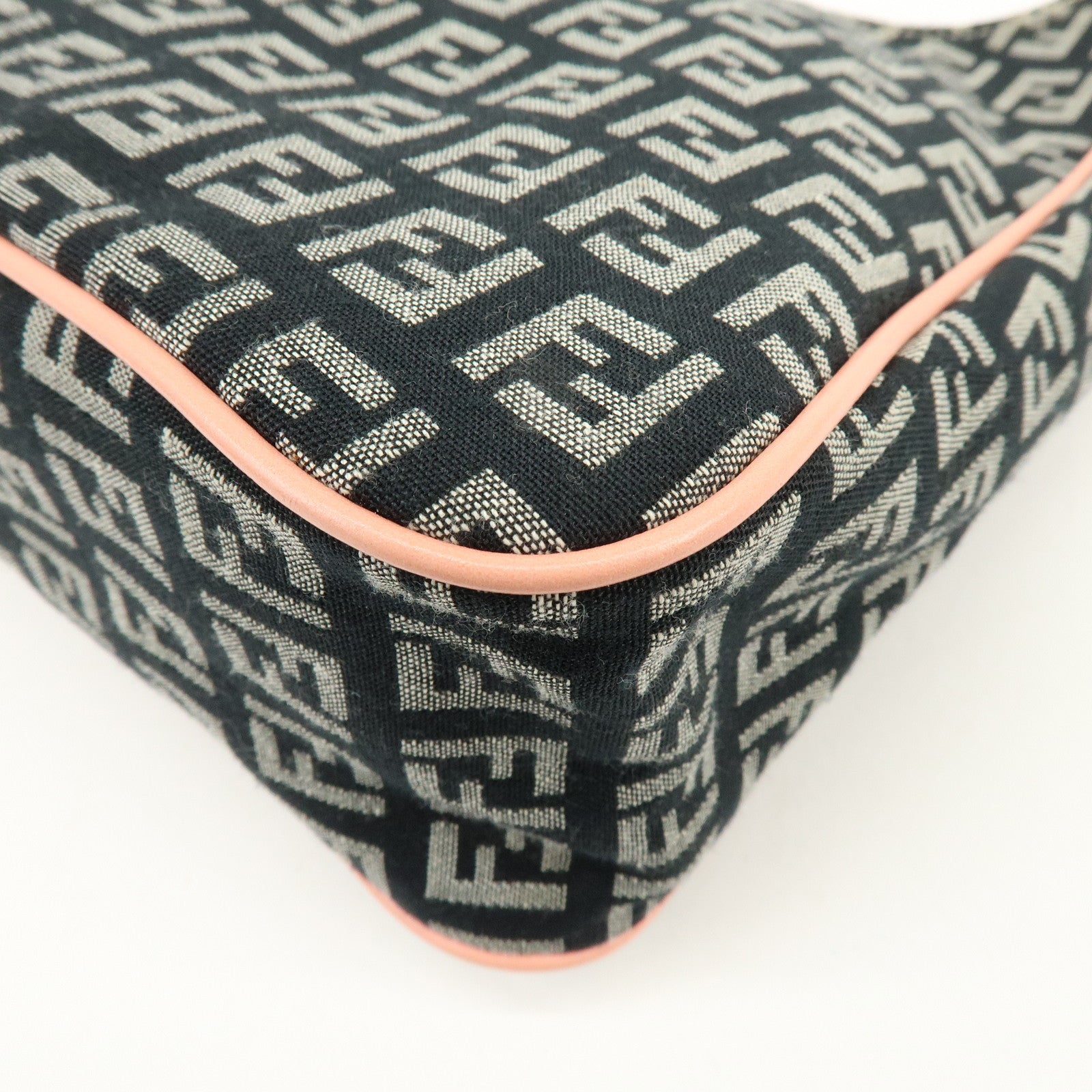 FENDI Zucchino Canvas Leather Hand Shoulder Bag Navy Pink 8BR158