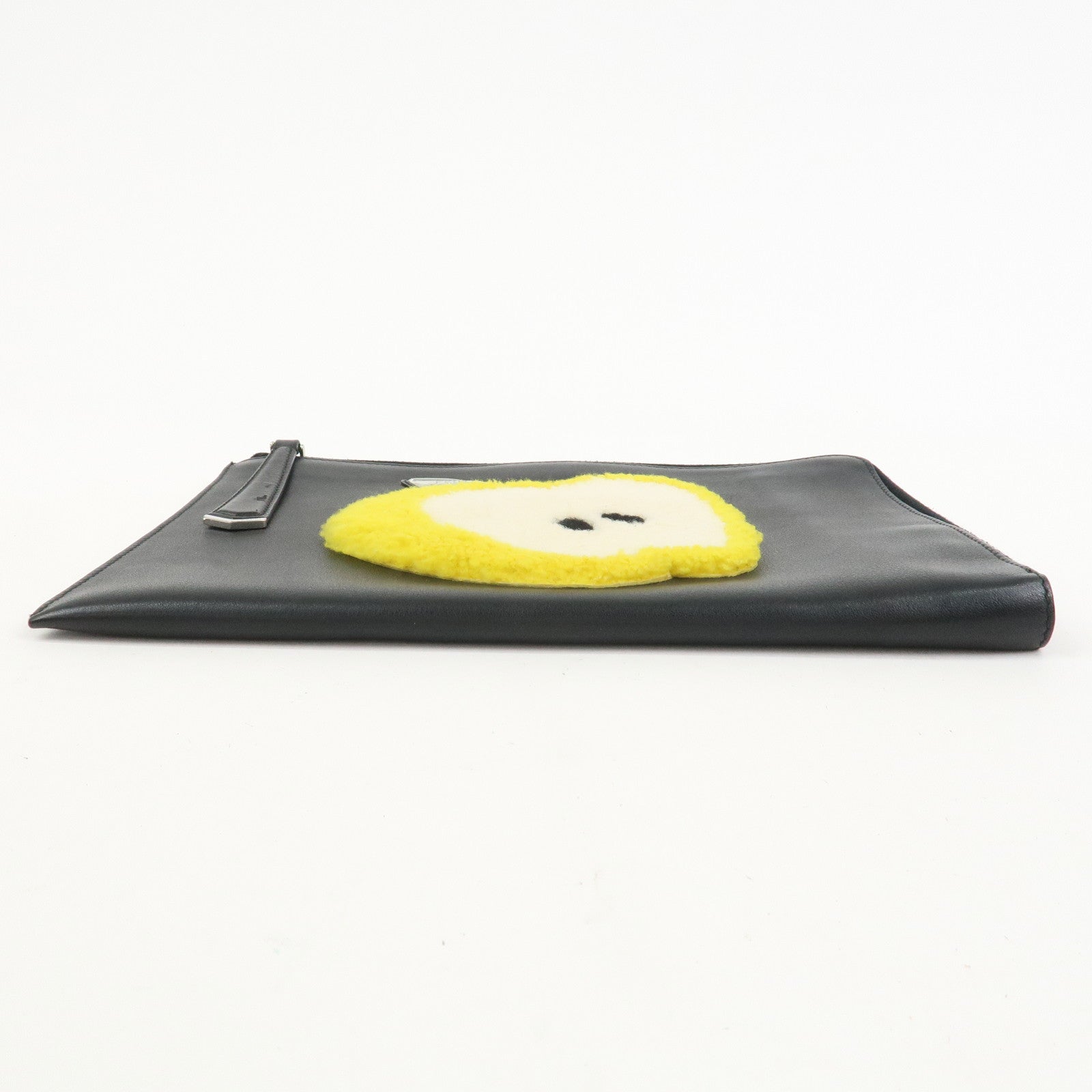 FENDI Leather Wool Apple Motif Clutch Bag Pouch Black 8M0363