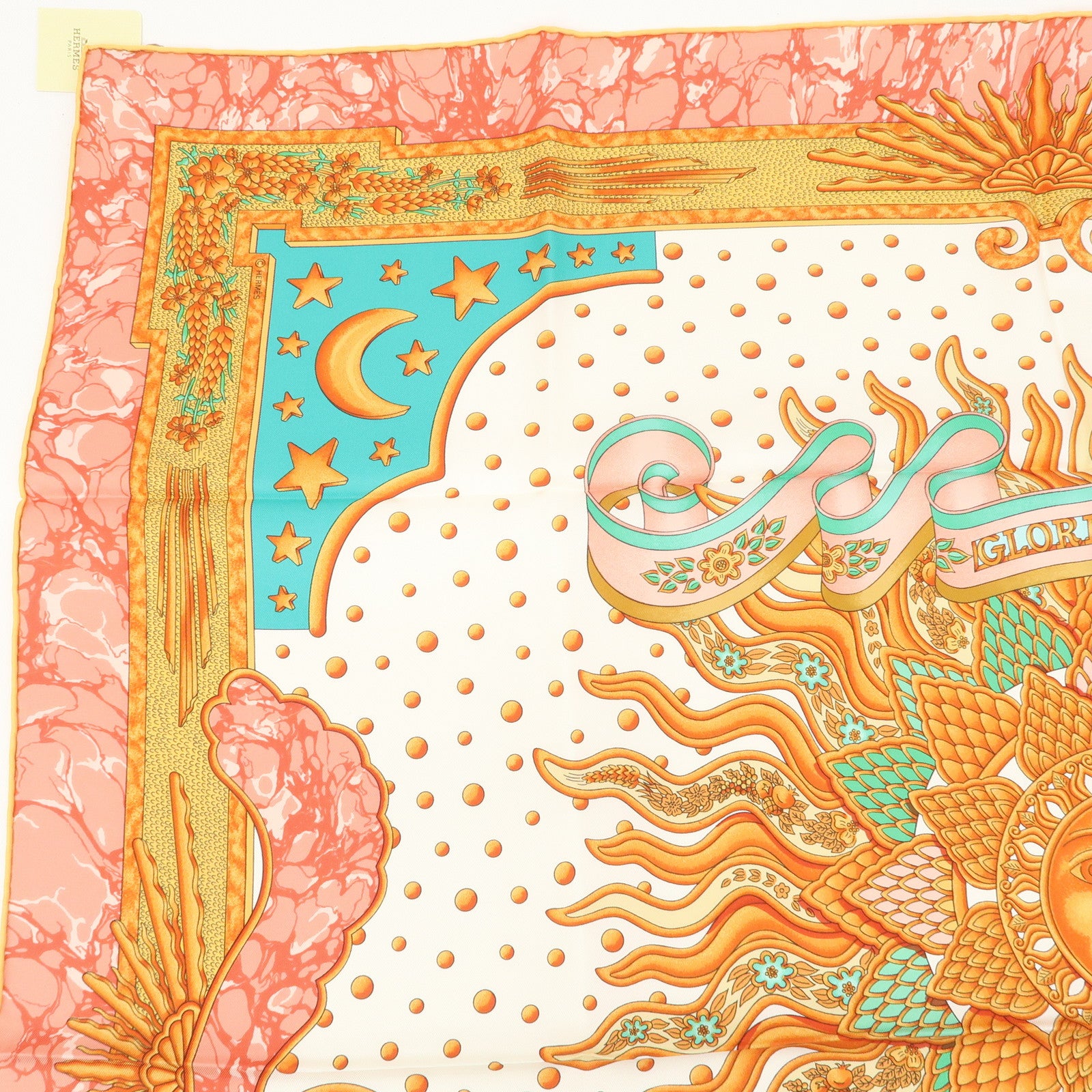 HERMES Carre 90 Silk 100% Scarf CARPE DIEM Pink White