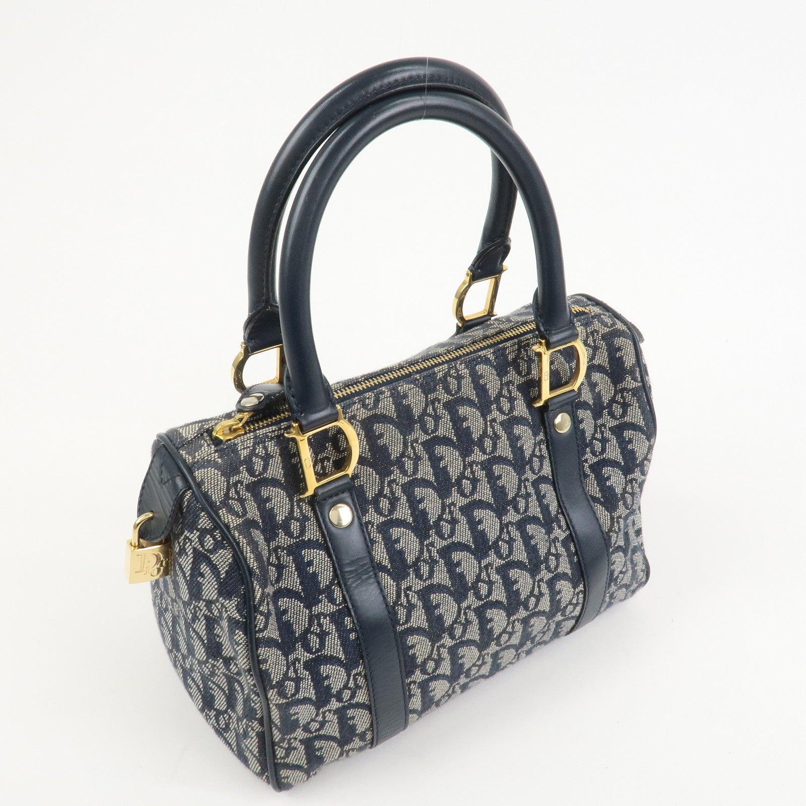 Christian Dior Trotter Jacquard Canvas Leather Boston Bag Navy