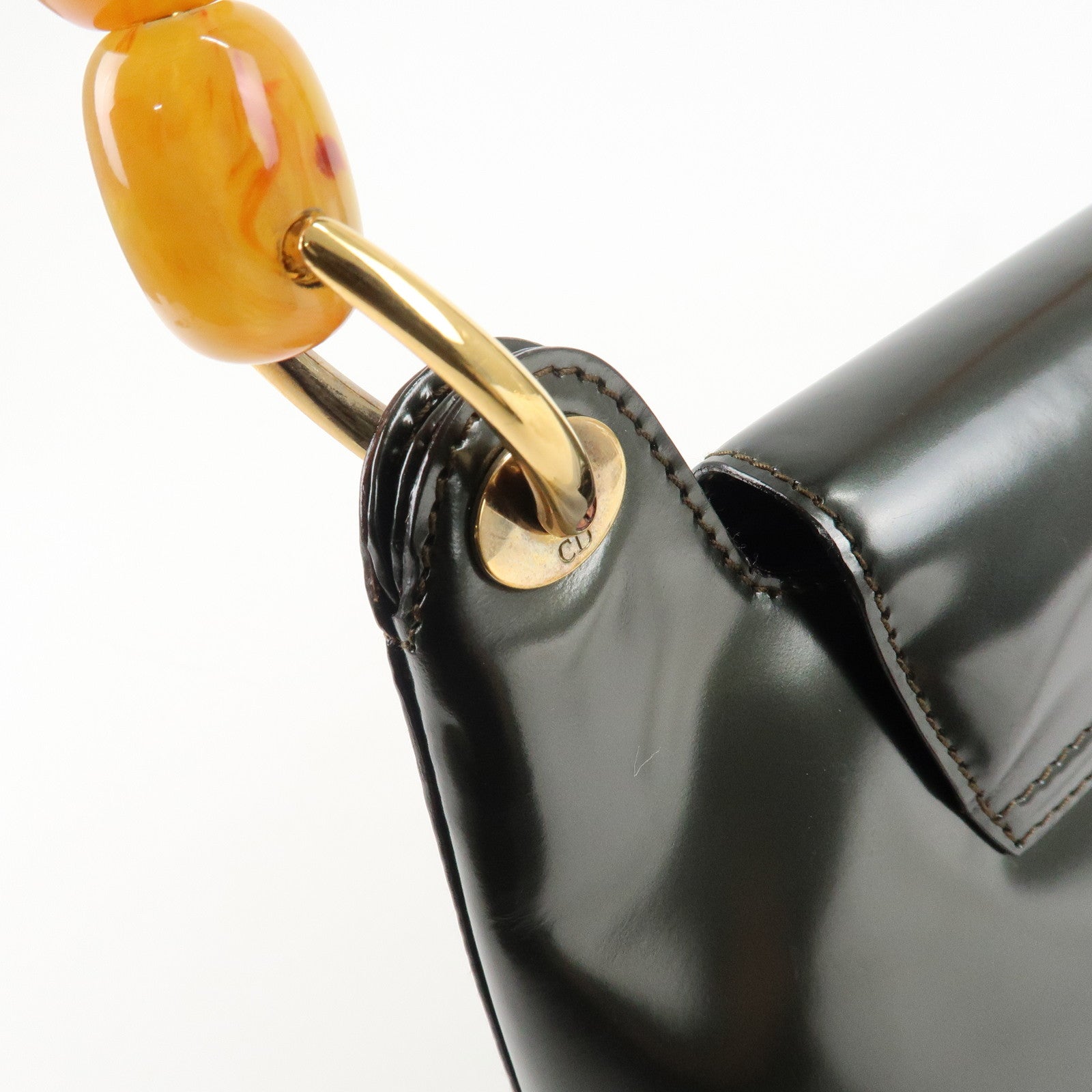 Christian Dior Enamel Leather Maris Pearl Shoulder Bag Hand Bag Khaki Used