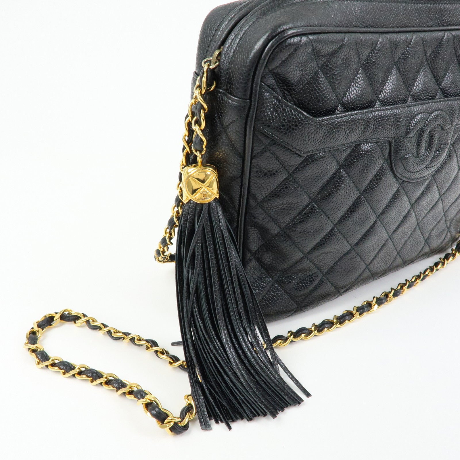 CHANEL Matelasse Cavairskin Chain Shoulder Bag Tassel Black Gold
