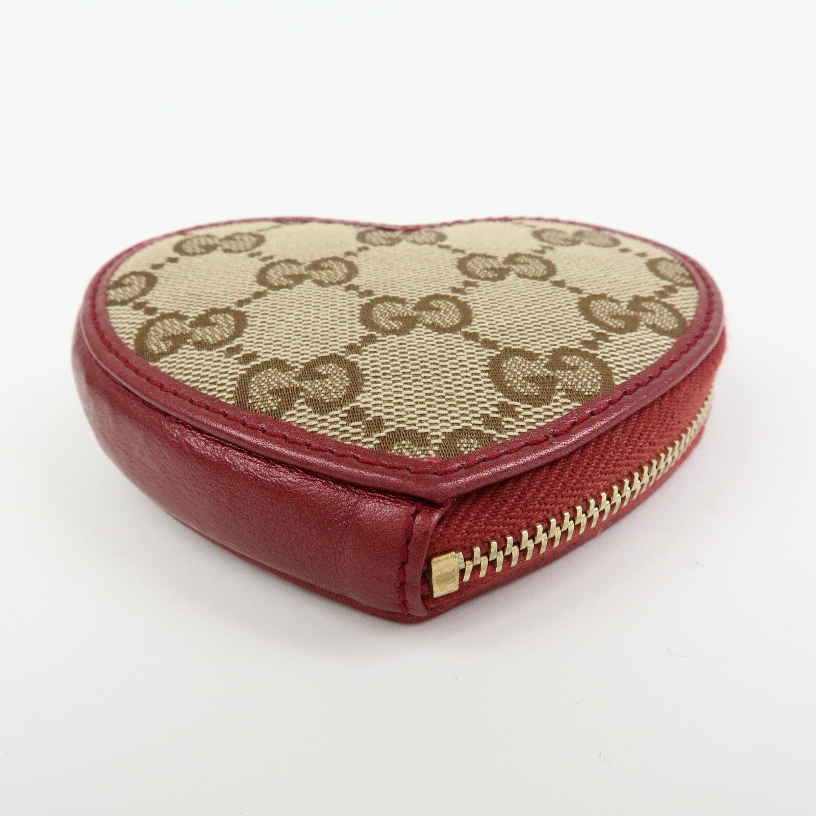 GUCCI Lovely Heart GG Canvas Leather Coin Case Beige Bordeaux152615