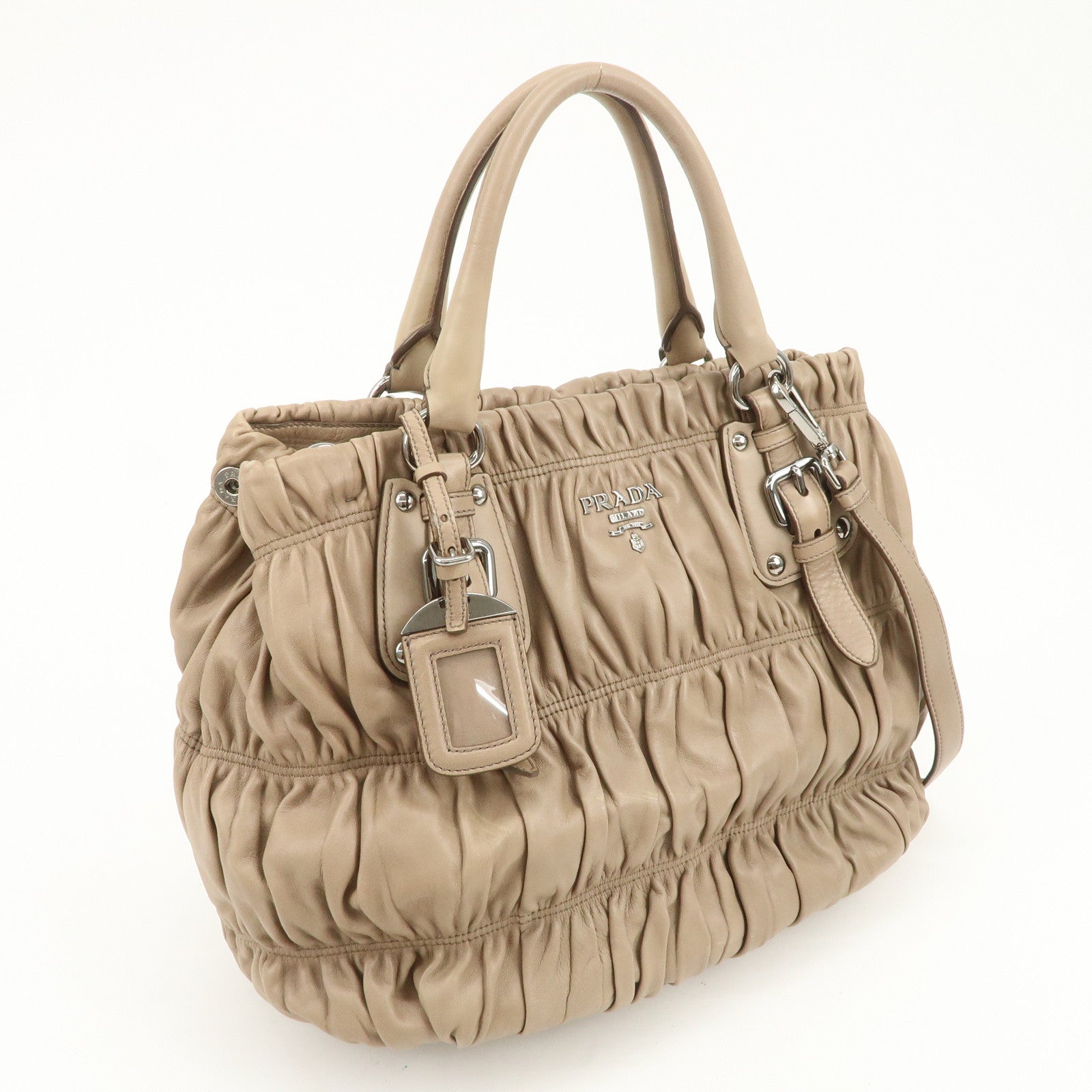 PRADA Logo Leather Gathered 2Way Shoulder Bag Hand Bag BN1789