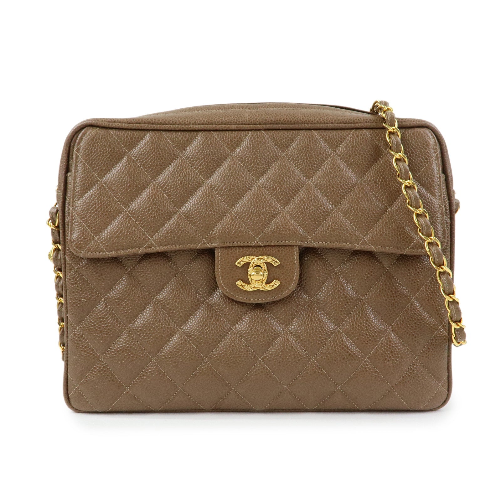 CHANEL Matelasse Cavairskin Chain Shoulder Bag Light Brown Marron