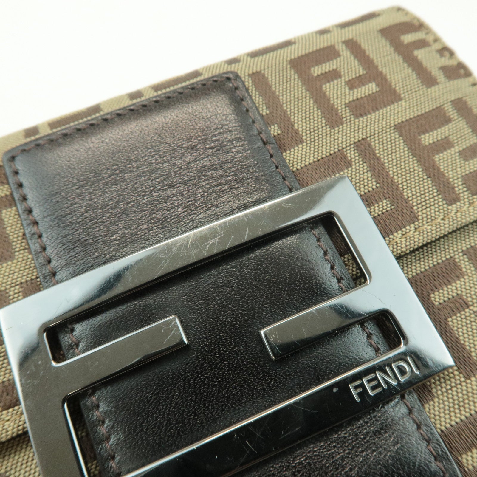 FENDI Zucchino Canvas Leather Tri-fold Wallet Beige Brown 8M0023 Used