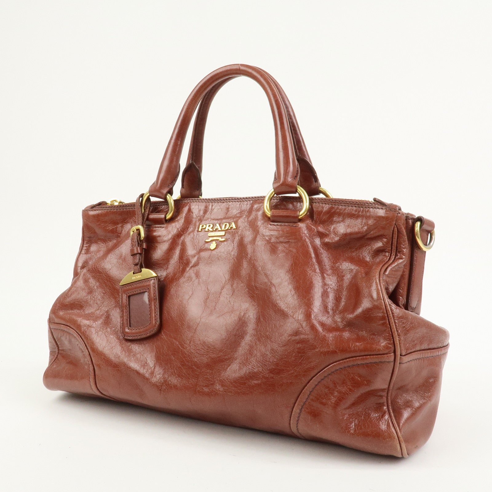 PRADA Logo Leather 2Way Hand Bag Shoulder Bag Brown BN2324