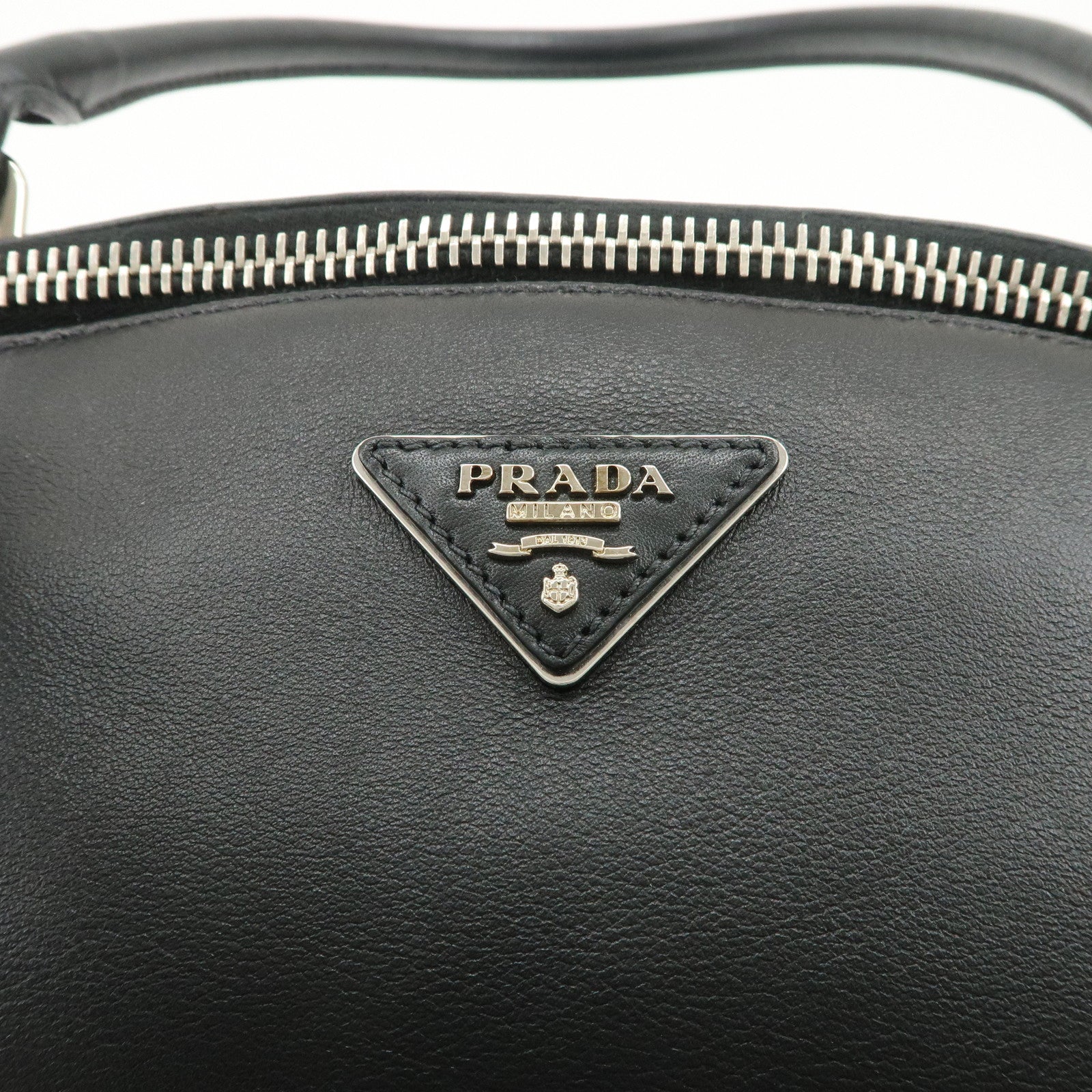 PRADA Triangle Logo Leather Boston Bag Shoulder Bag Black BR4998