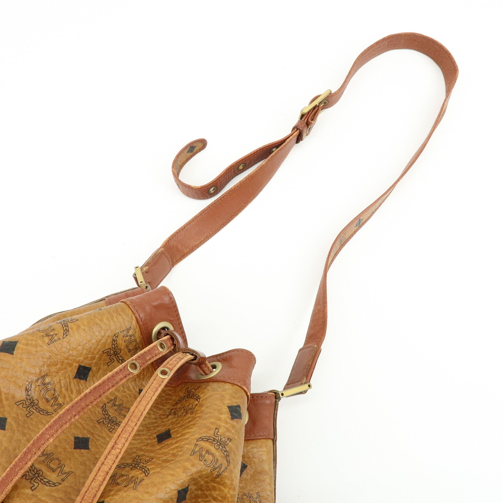 MCM Visetos Leather Drawstring Shoulder Bag Crossbody Bag Brown