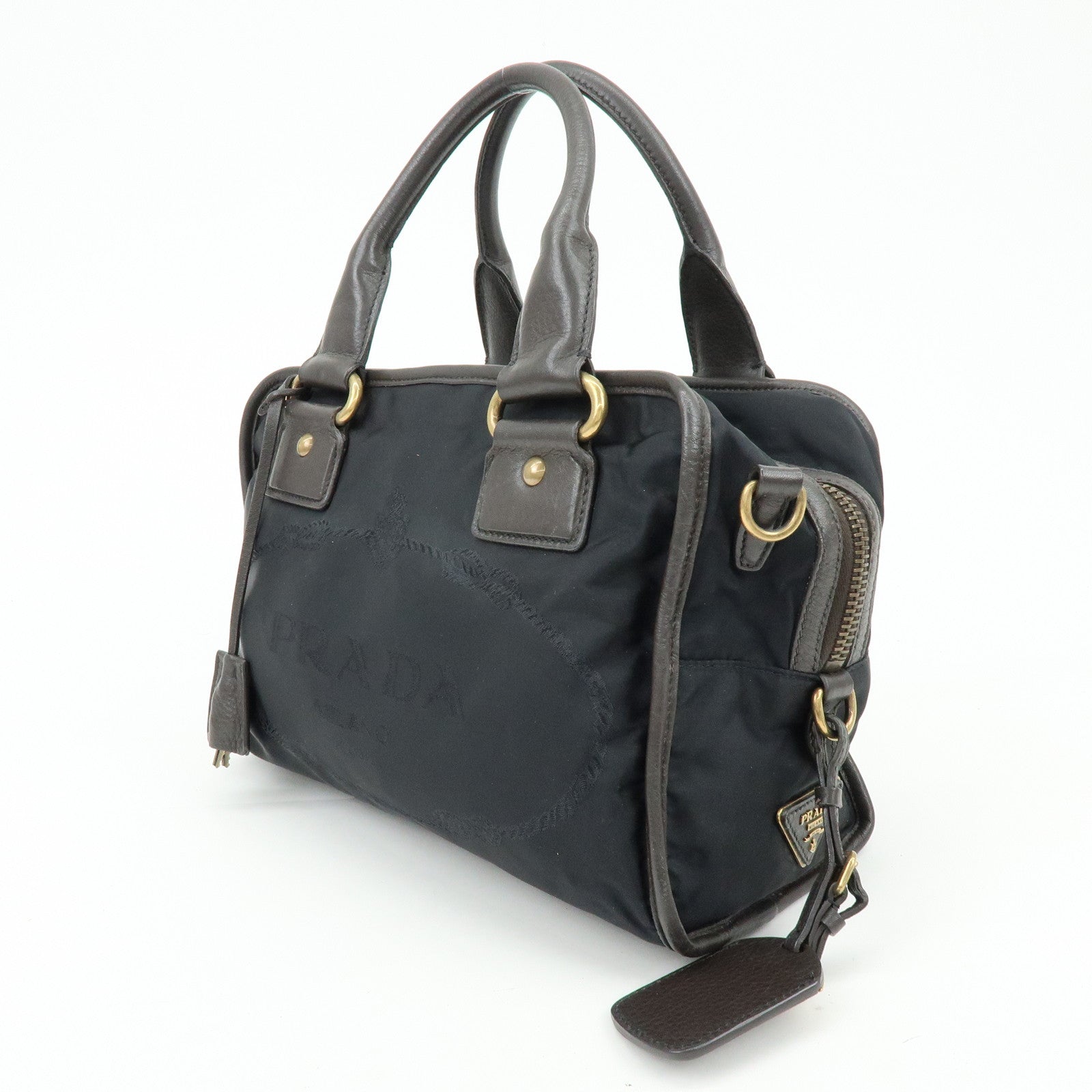 PRADA Triangle Logo Nylon Leather 2Way Hand Shoulder Bag Black