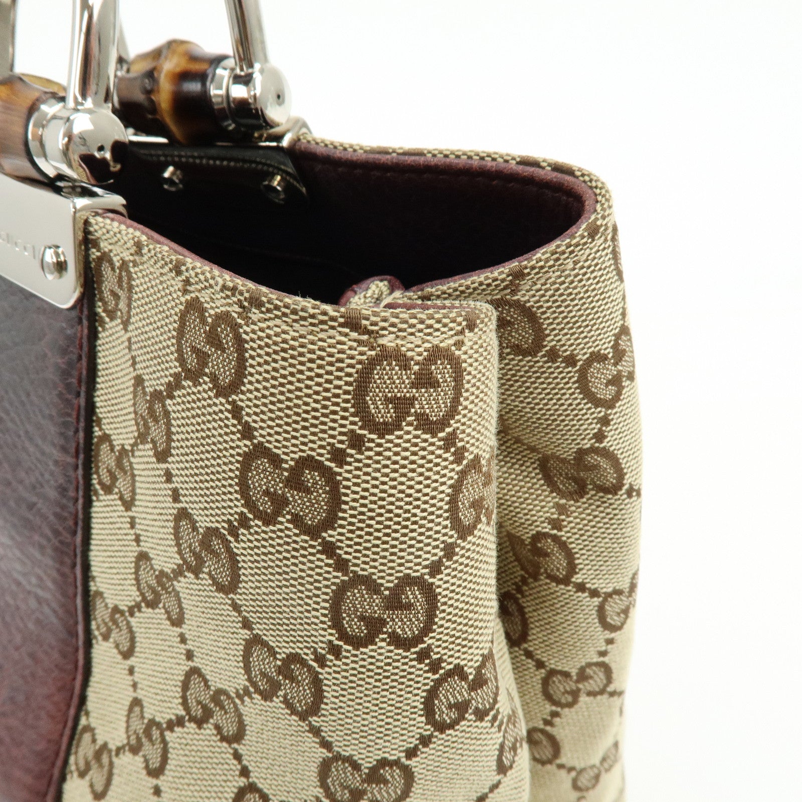 GUCCI Bamboo GG Canvas Leather Tote Hand Bag Beige Purple 232947