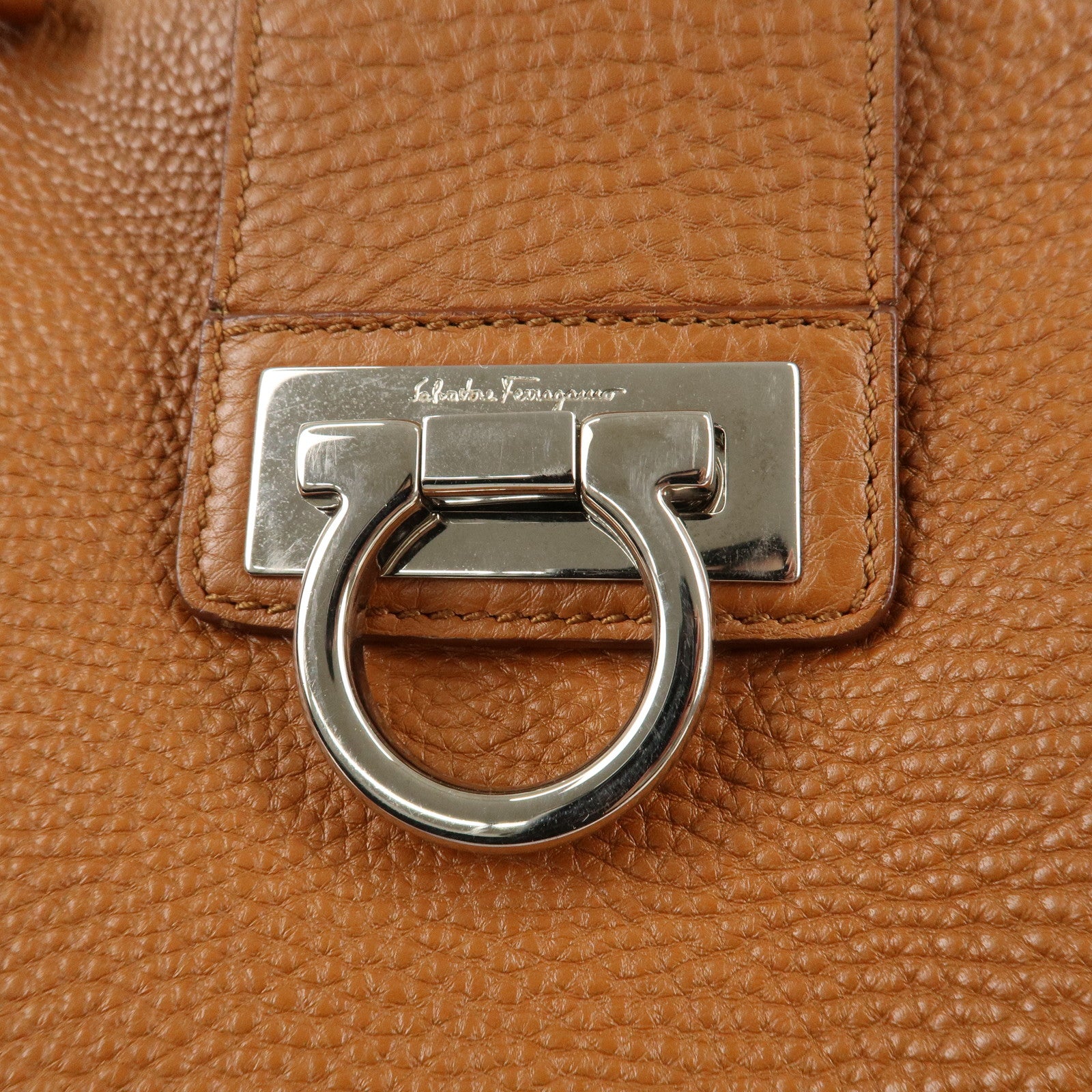 Ferragamo Gancini Leather Shoulder Bag Brown Silver Hardware Used