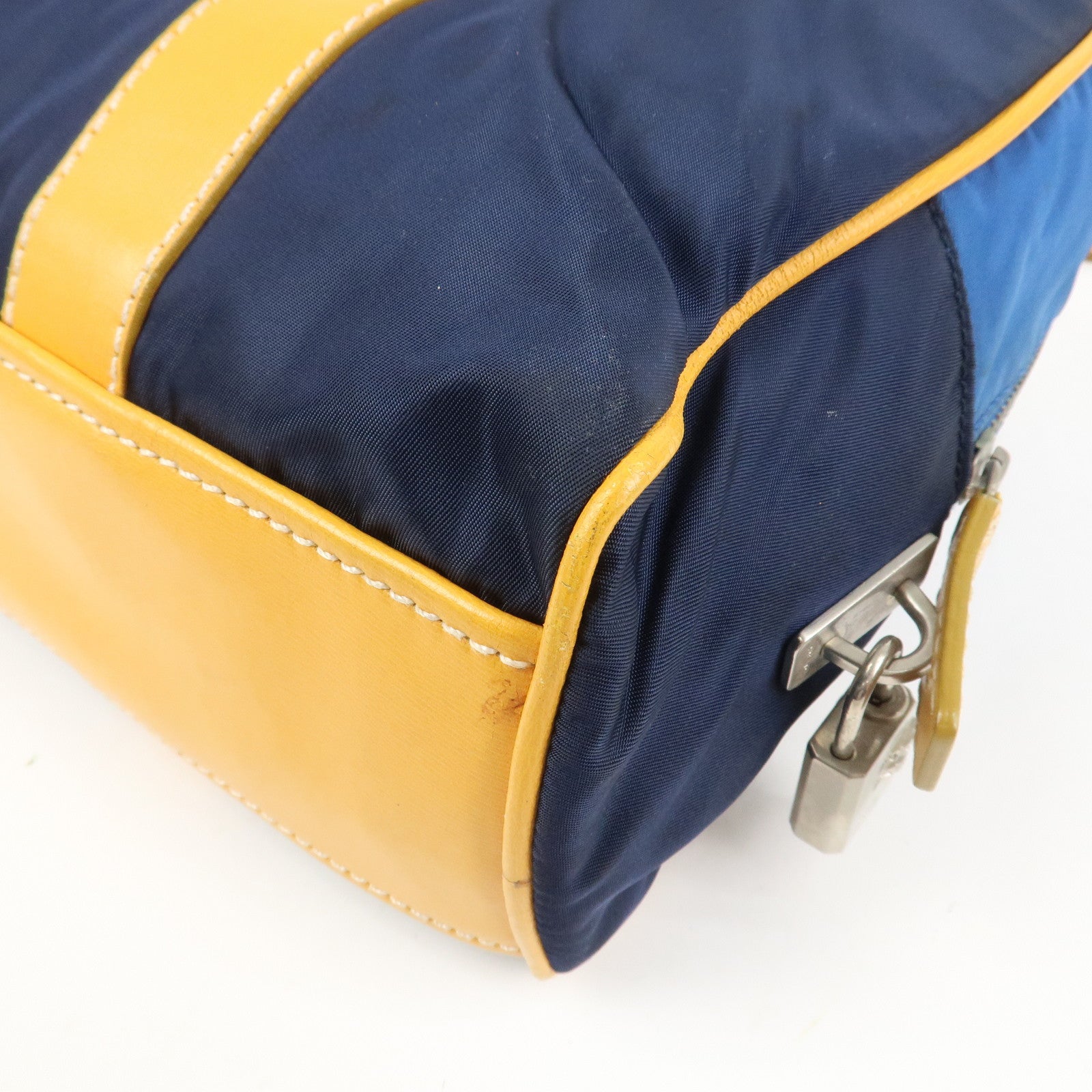 PRADA Triangle Logo Nylon Leather Shoulder Bag Hand Bag Navy Yellow