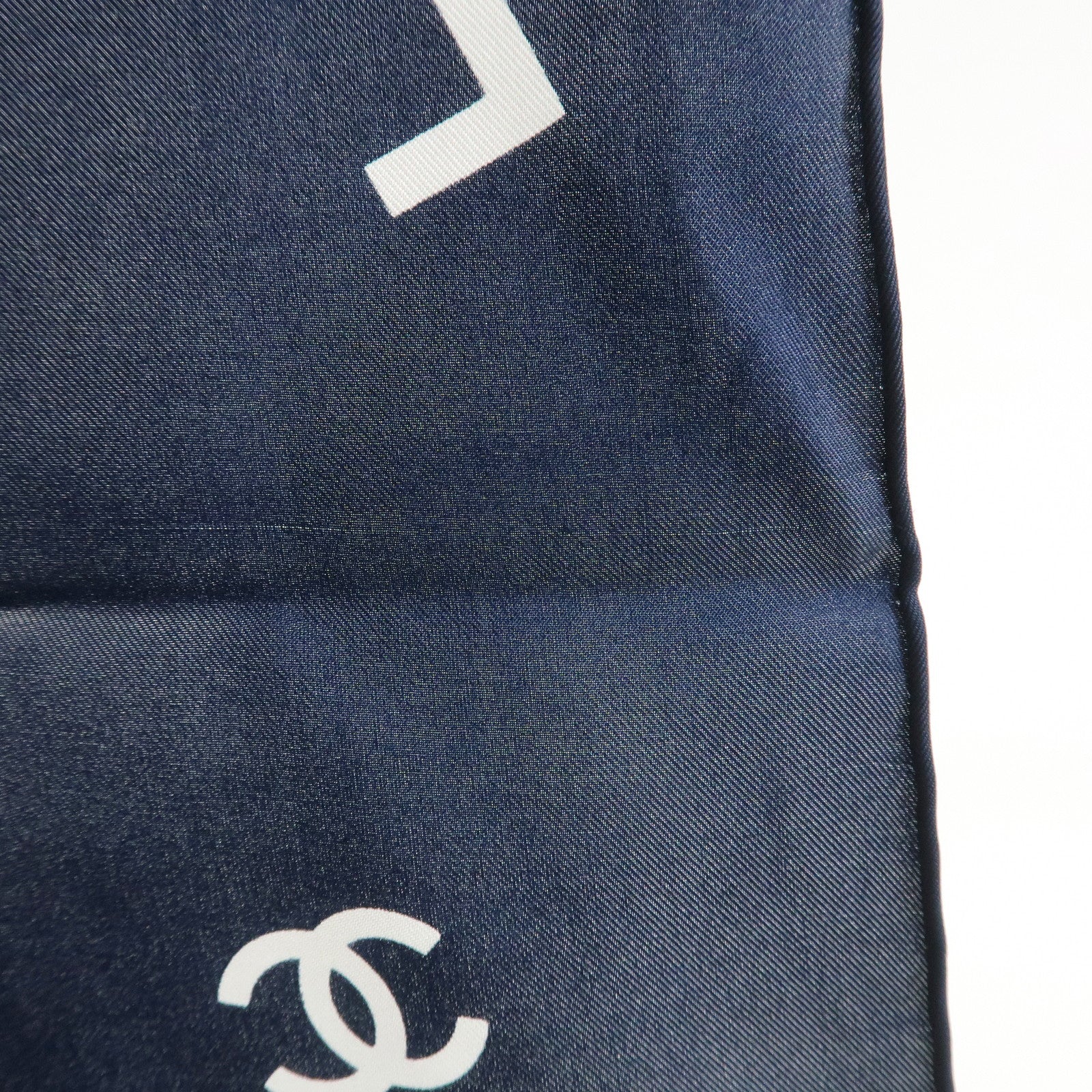 CHANEL COCO Mark Silk 100% Scarf White Navy