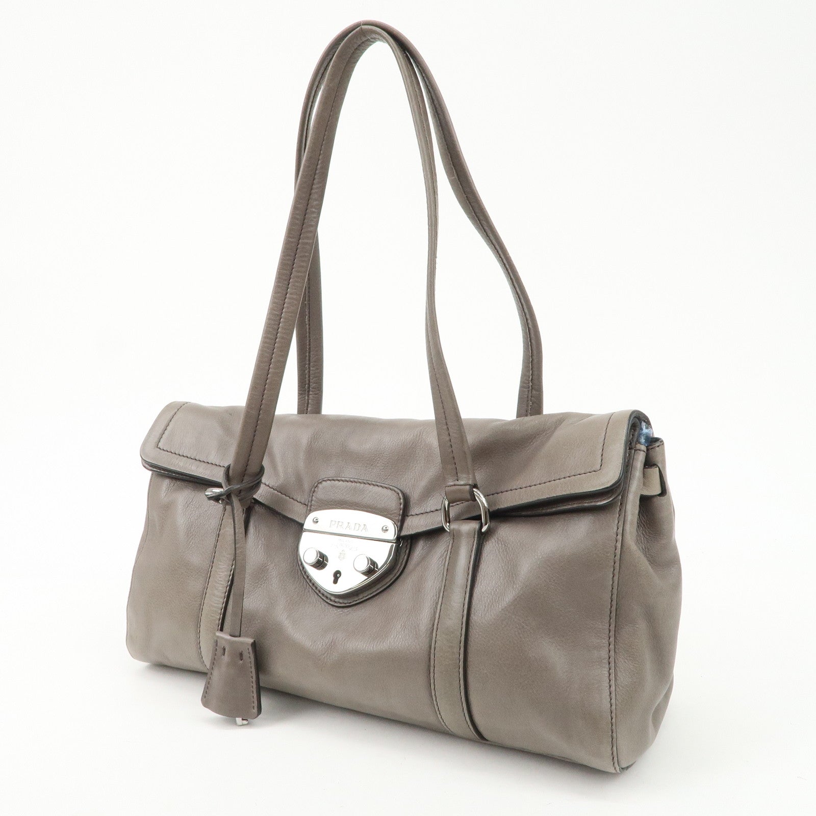 PRADA Triangle Logo Leather Shoulder Bag Gray BR3274