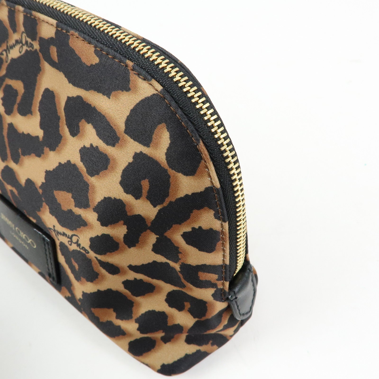 JIMMY CHOO Nylon Leather Leopard Clutch Pouch Makeup Bag Brown