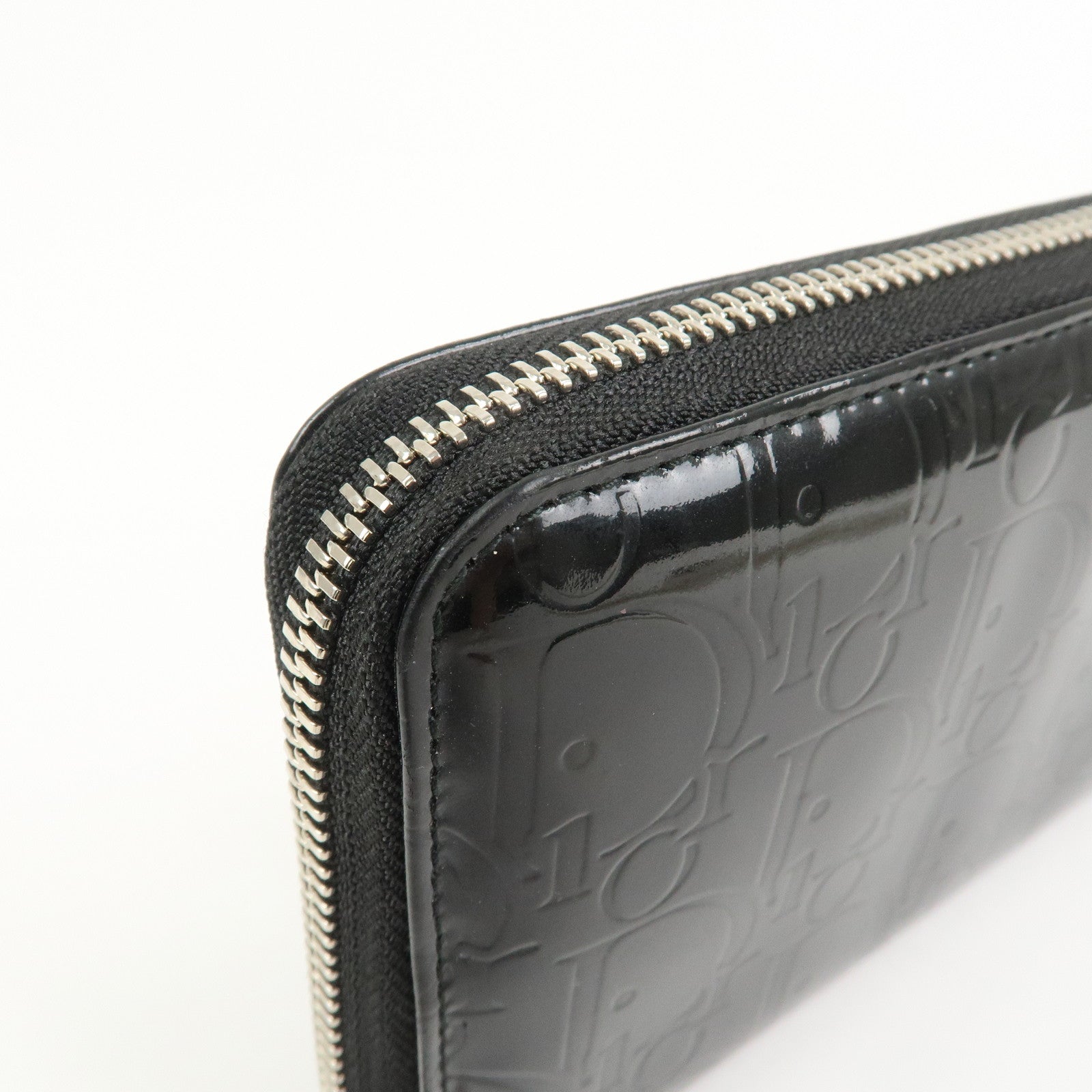Christian Dior Trotter Patent Leather Round Zippy Long Wallet Black