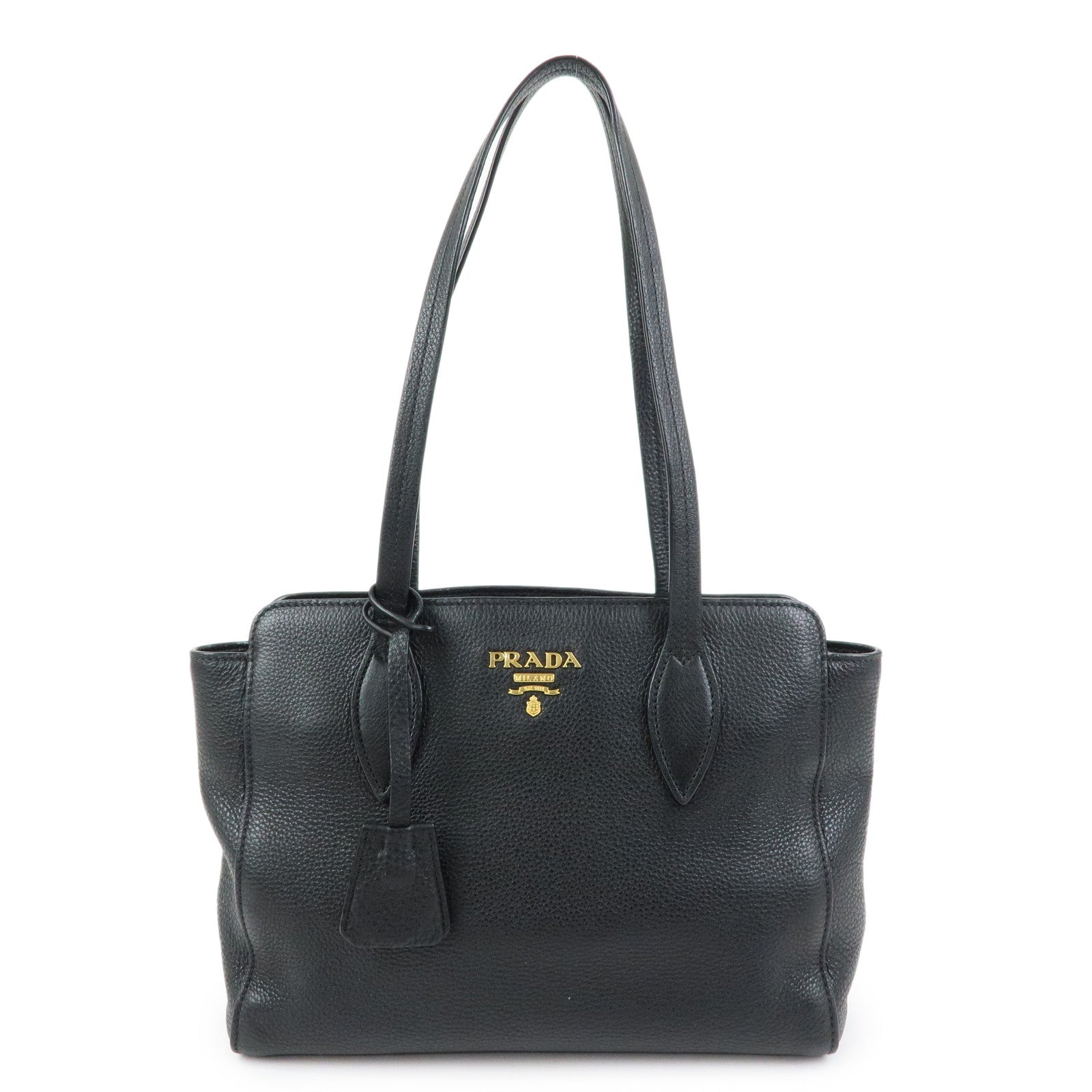 PRADA Logo Grain Calf Leather Tote Bag Shoulder Bag Black 1BG112