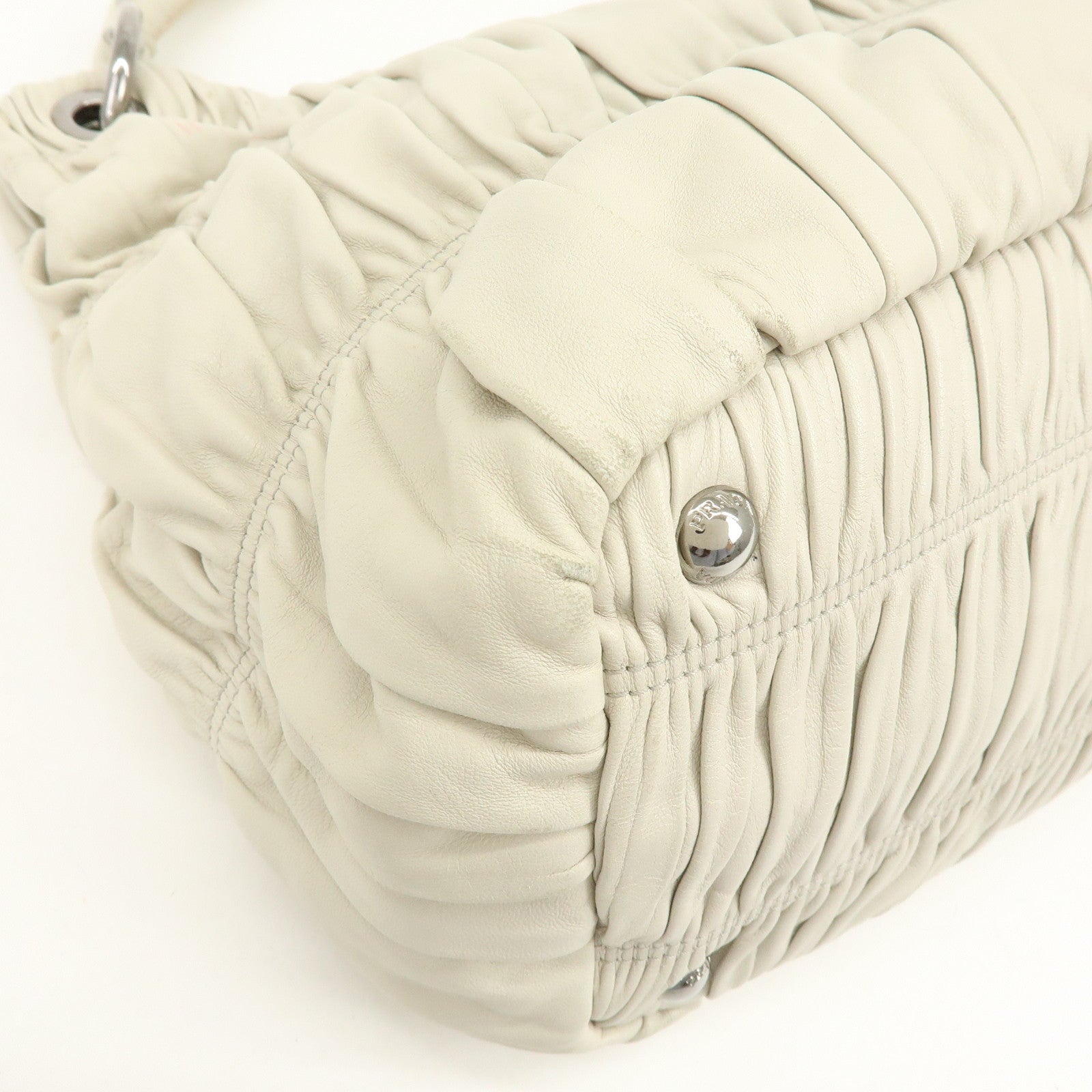 PRADA Gathered Leather Shoulder Bag Hand Bag Light Beige