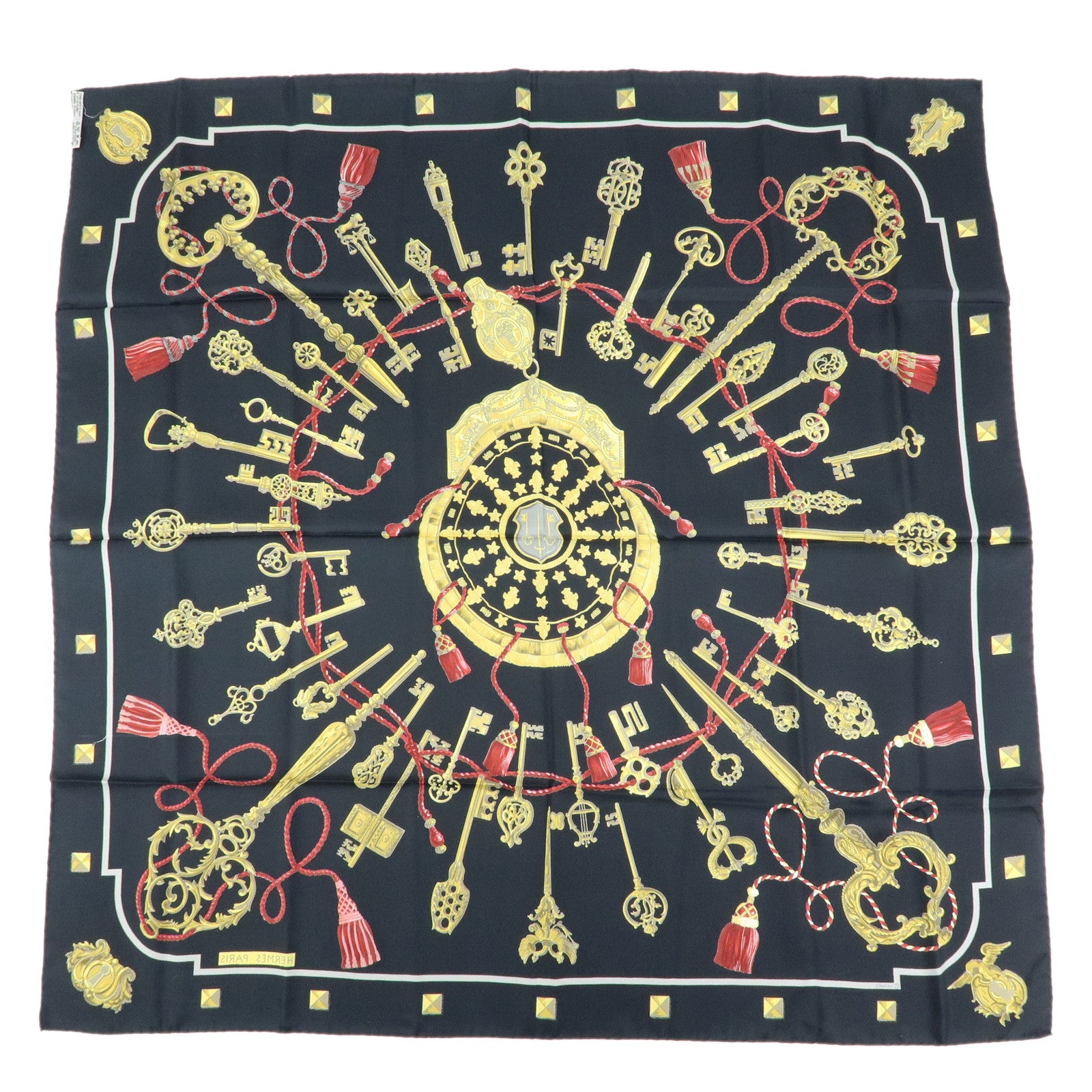 HERMES Carre 90 Silk 100% Scarf LES CLES THE KEYS RARE Black Gold
